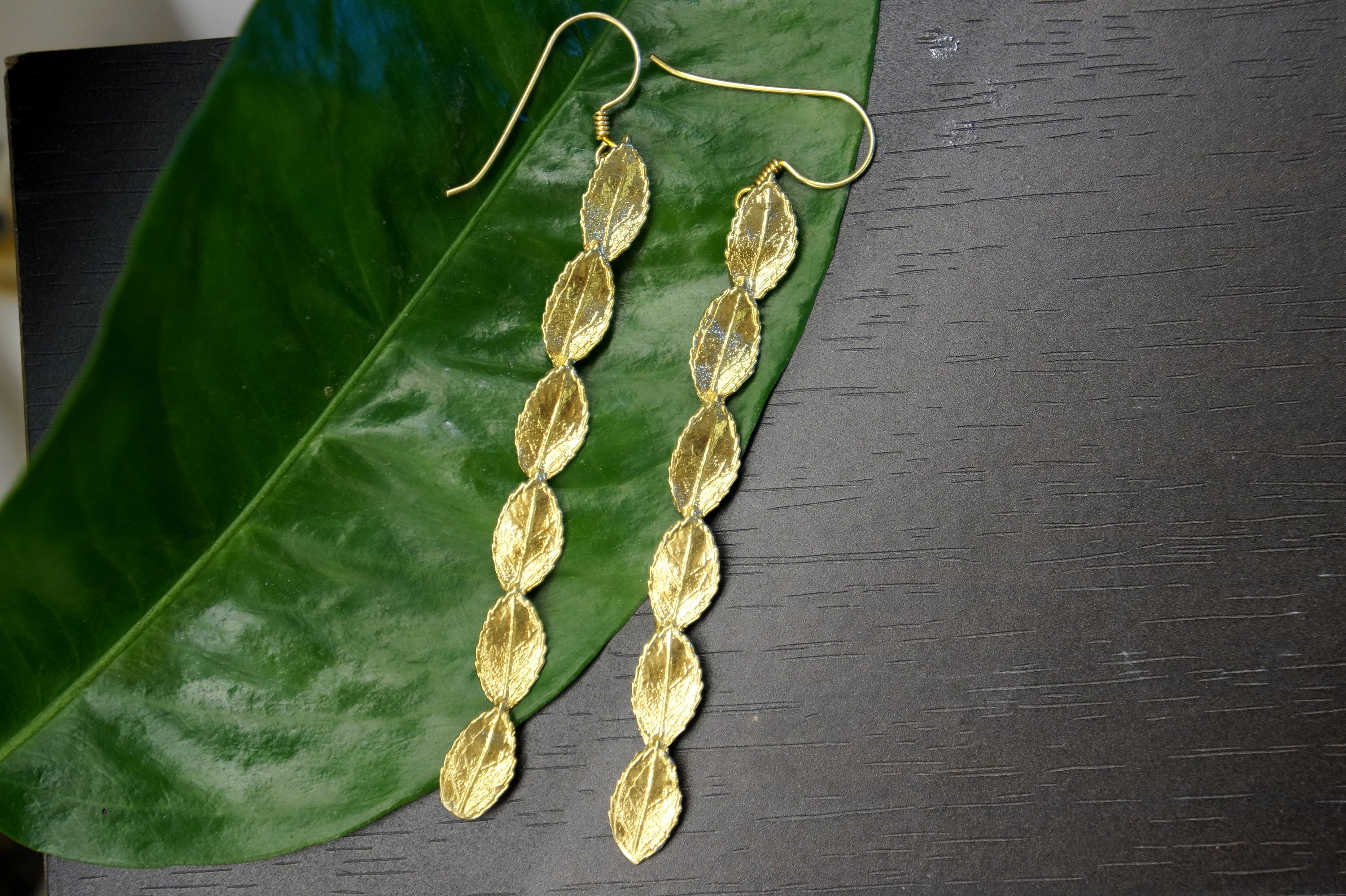 Statement Earrings: Gold Plated Rose Leaves (Long Dangle Design)