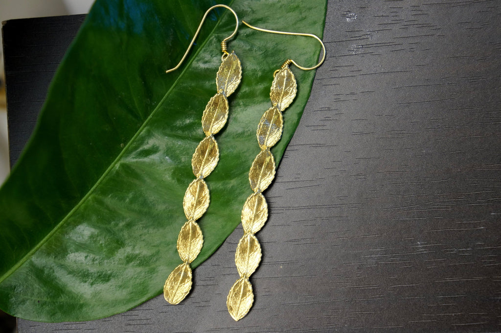 Statement Earrings: Gold Plated Rose Leaves (Long Dangle Design)