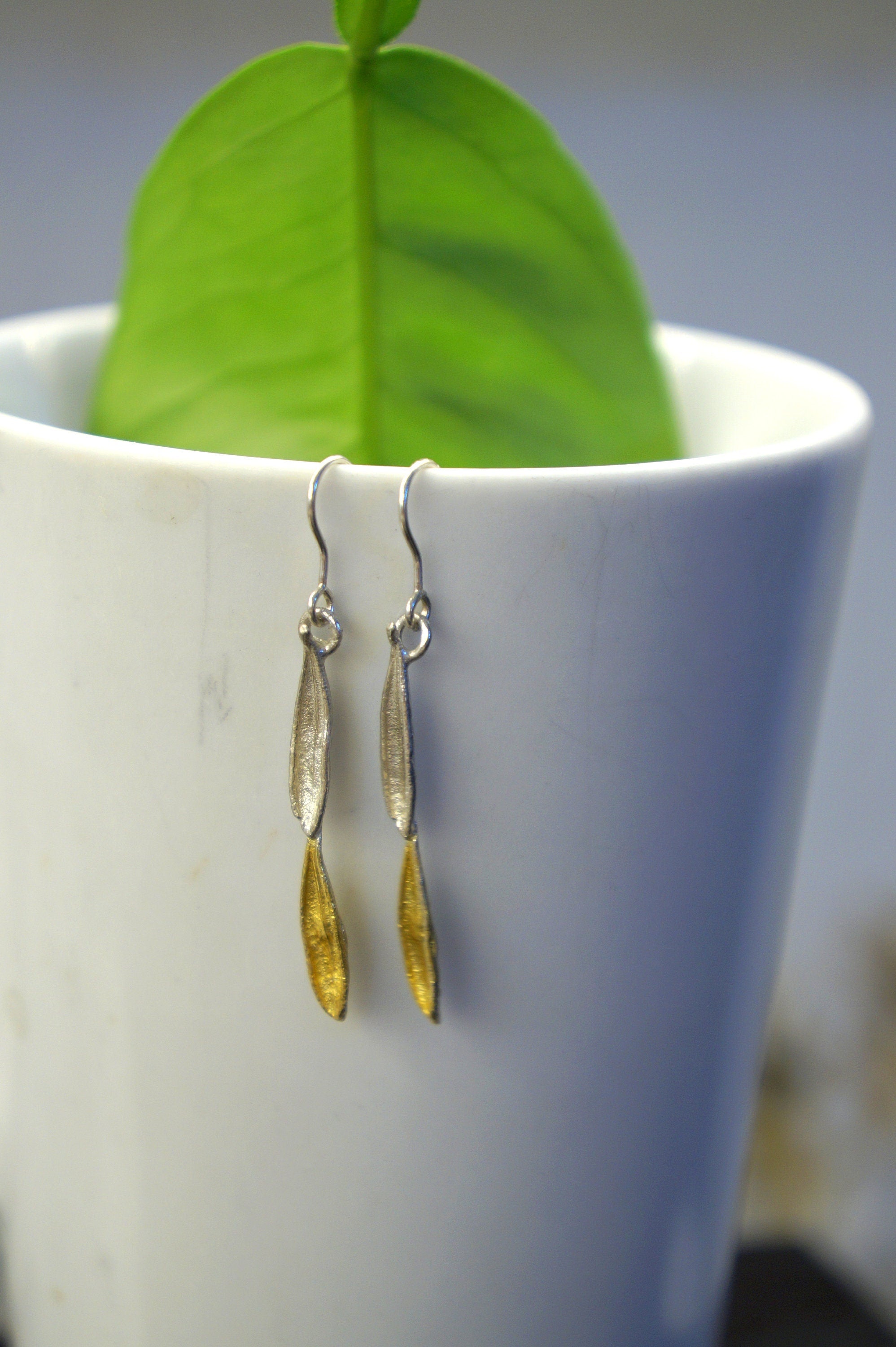 Sterling Silver Earrings – Olive Leaf Two Tone Long Dangle Gift For Her
