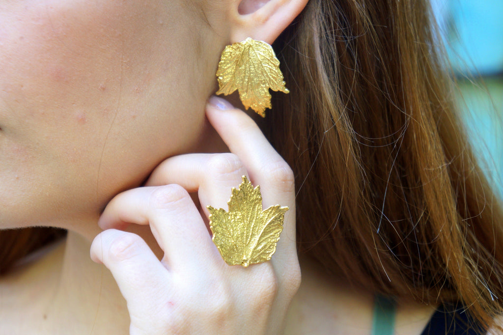 Bourbon Rose Leaf Ring, Adjustable Gold-Plated Sterling Silver, Nature-Inspired Jewelry for Women