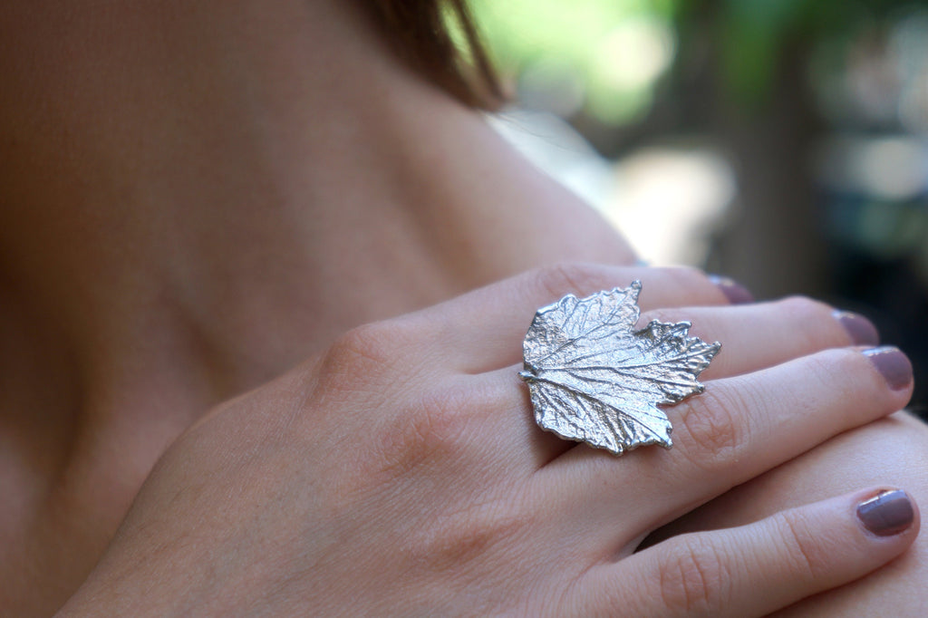 Bourbon Rose Leaf Ring: Handmade Sterling Silver Adjustable
