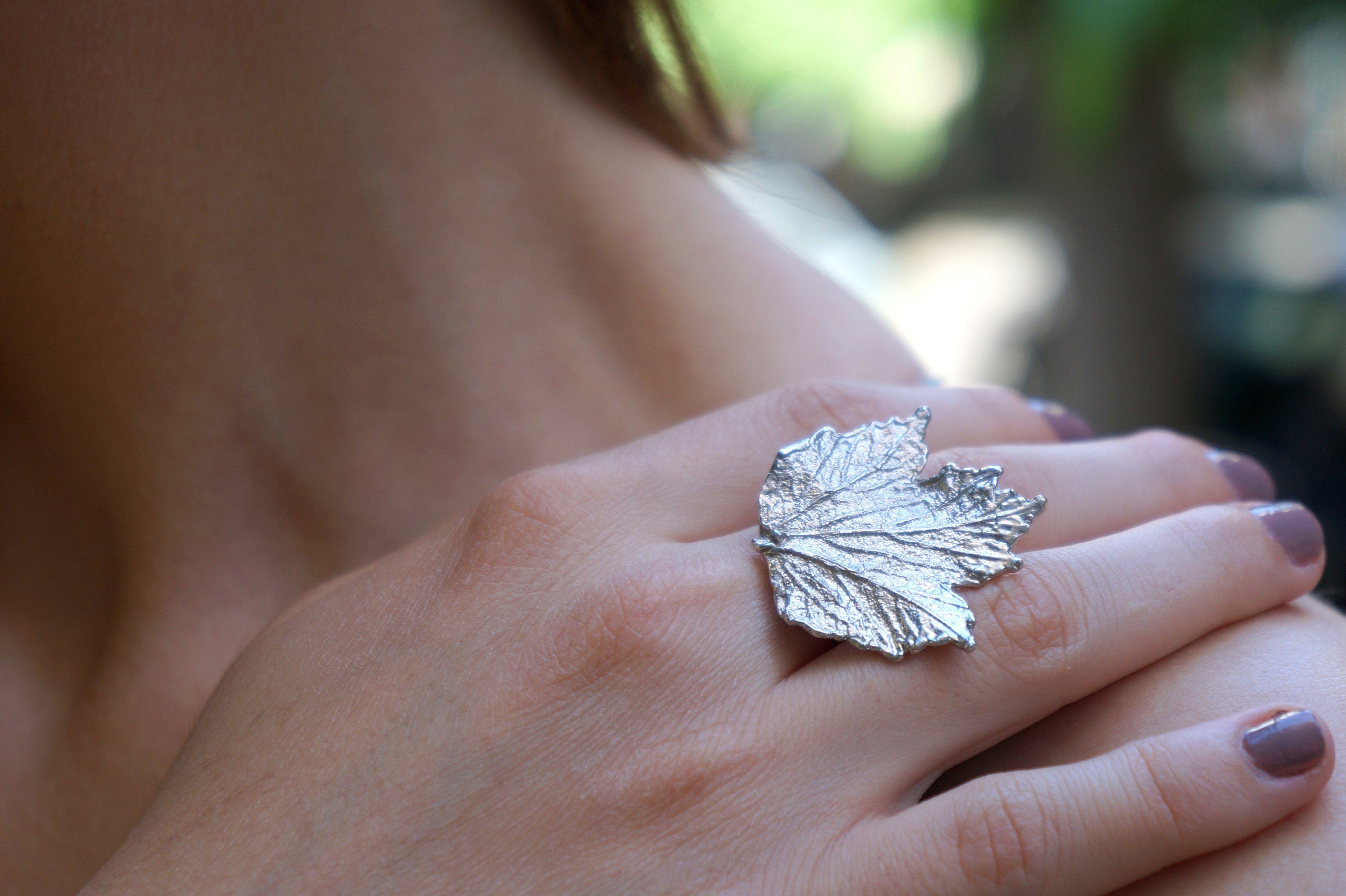 Bourbon Rose Leaf Ring: Handmade Sterling Silver Adjustable