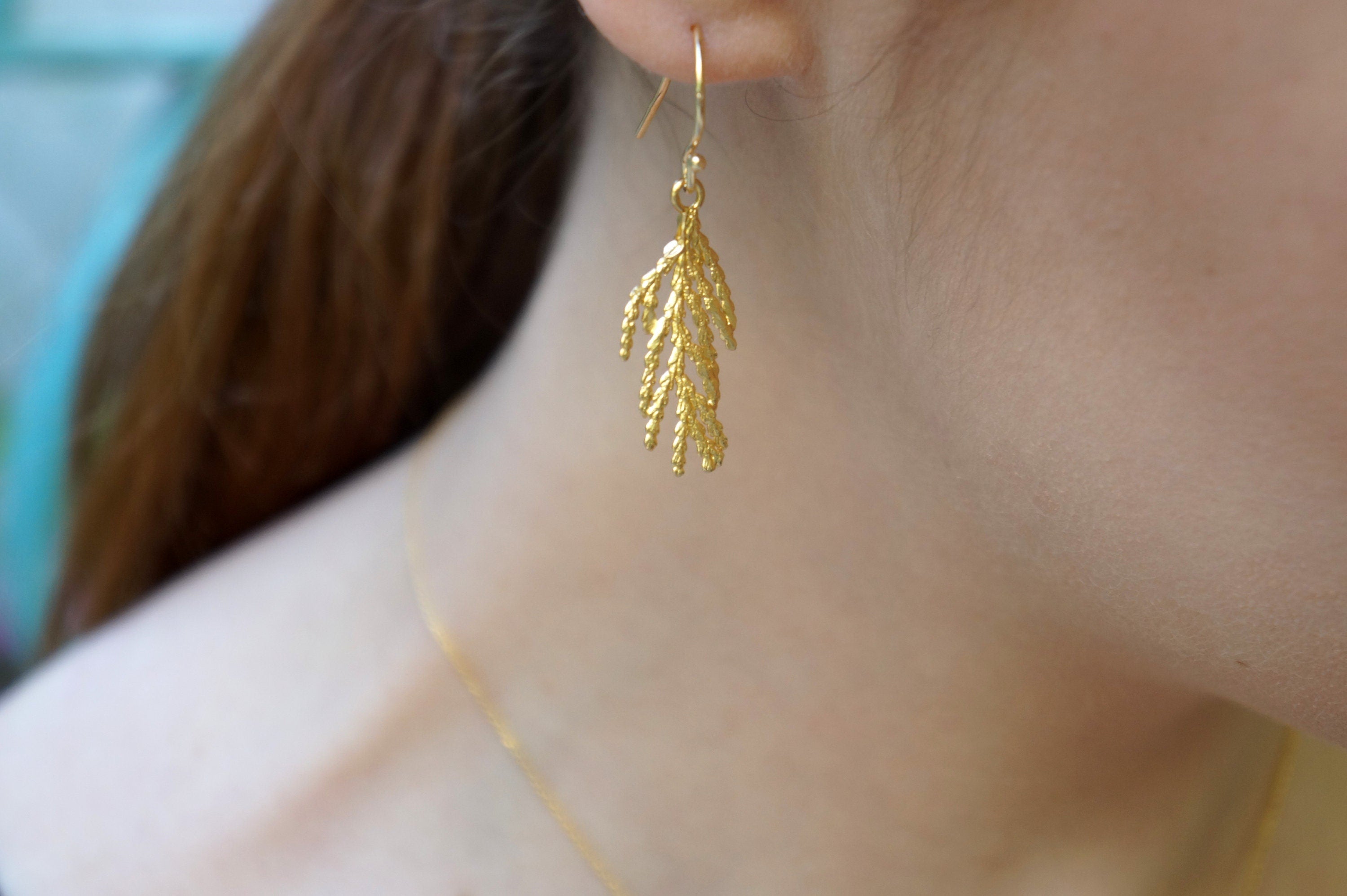 Cypress Flower Earrings - Gold Plated Sterling Silver Dangling Earrings Gift