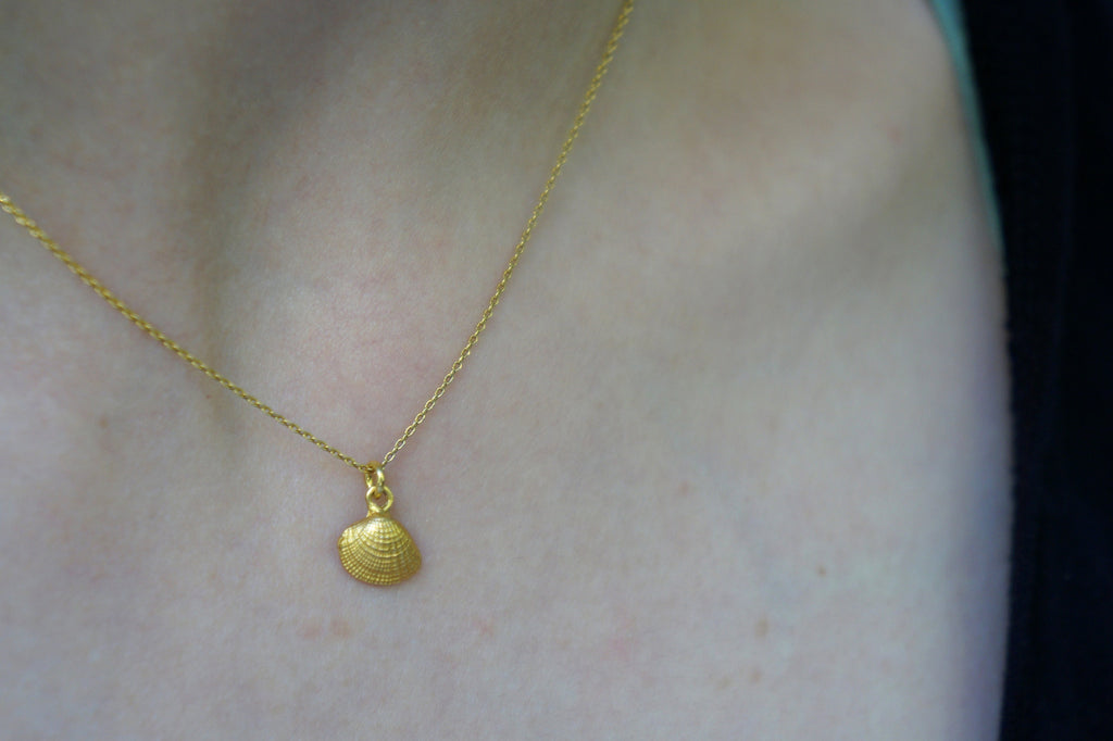 Gold Shell Necklace – 14K Gold Plated Sea Shell Pendant on Sterling Silver Chain