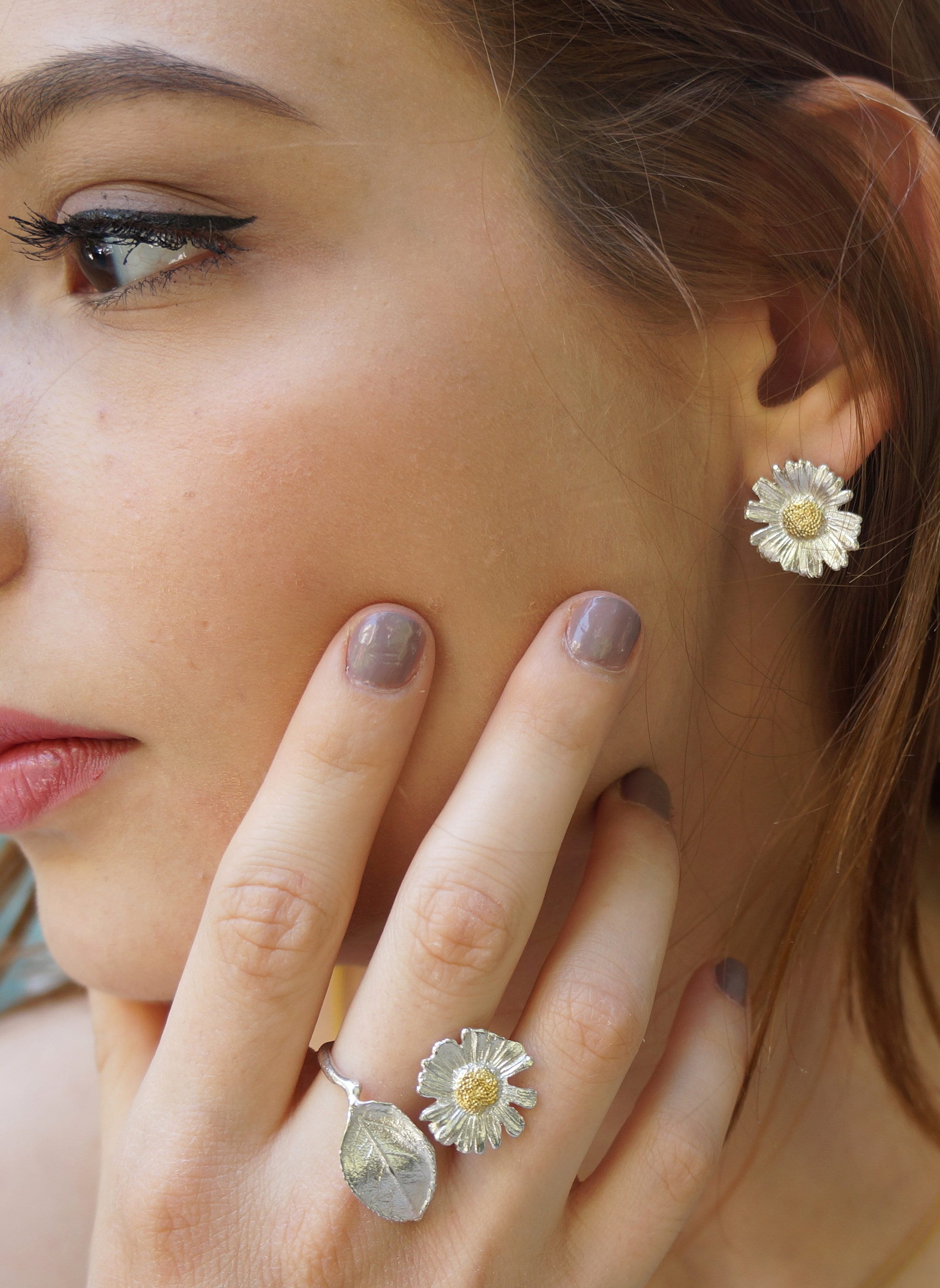 Sterling Silver Nature Ring - Real Pressed Rose Leaf and Chamomile Flower