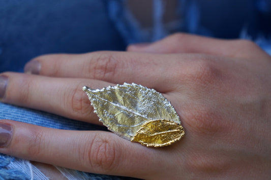 Minimalist Handmade Nature Jewelry. ring Statement Sterling Silver Rings for Women,REAL Rose plant Leaf Ring with wide band