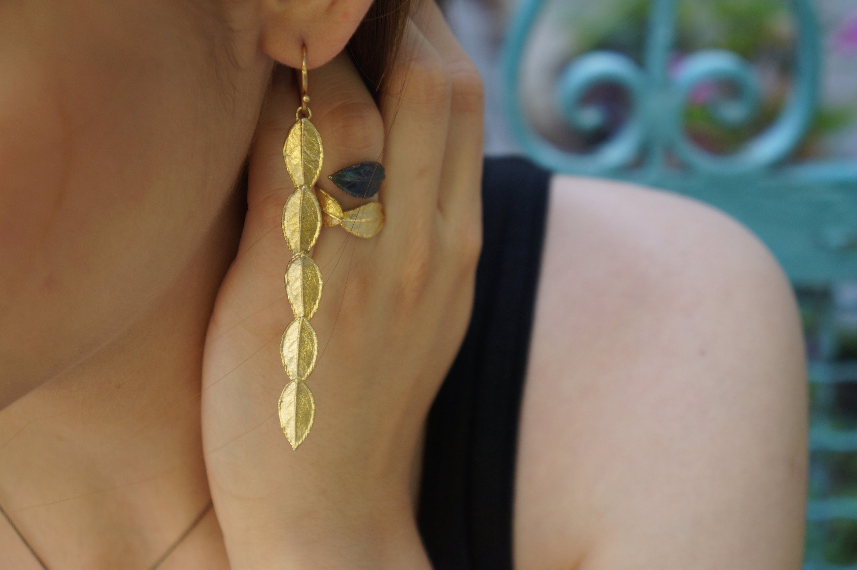 Rose Leaf Earrings – Gold Plated Sterling Silver Long Dangle Statement Jewelry