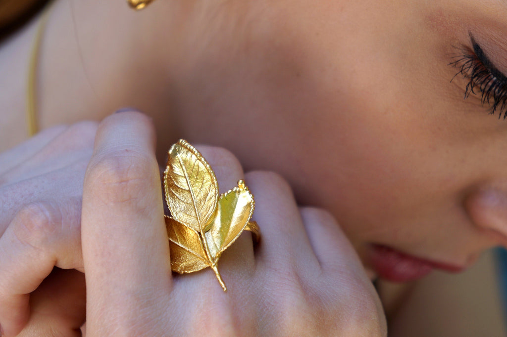 Adjustable Rose Leaf Ring: Gold Plated, Sterling Silver - Nature Design