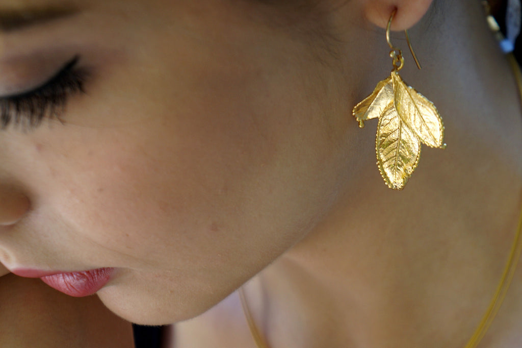 Gold Plated Rose Earrings – Real Rose Leaf Studs | 14k Sterling Silver Jewelry
