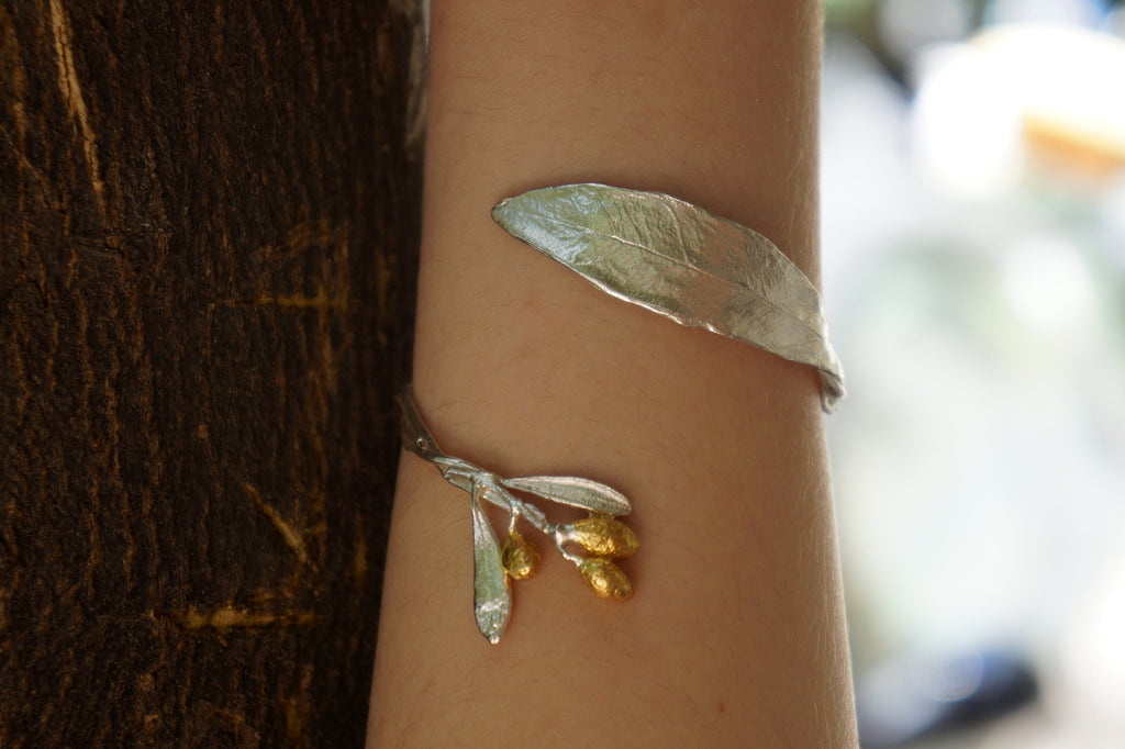 Sterling Silver Bracelet – Adjustable Olive Branch Cuff With Gold Plated Fruit Design