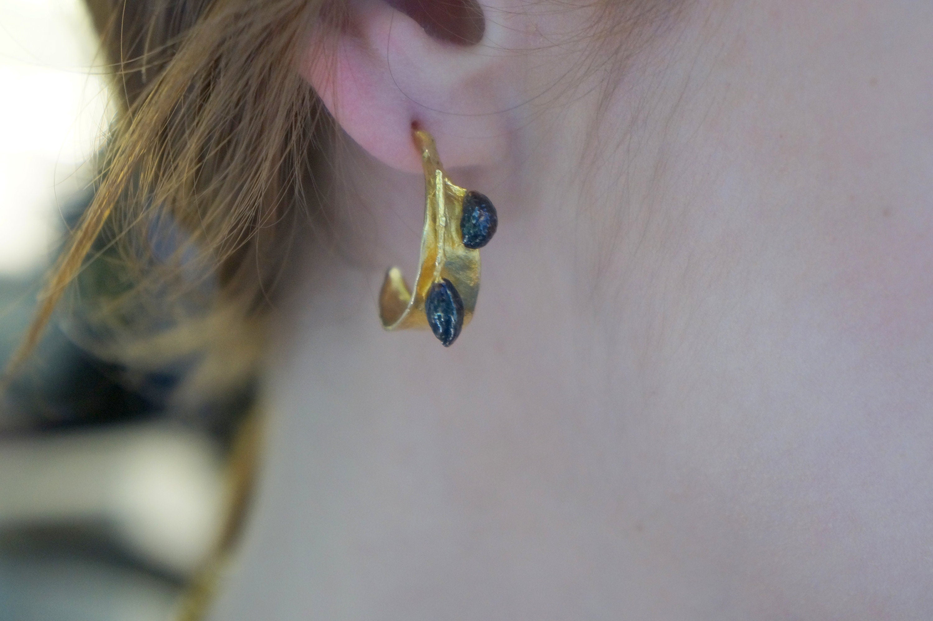 Gold Hoop Earrings – Small Olive Leaf Hoops With Butterfly Clip Closure