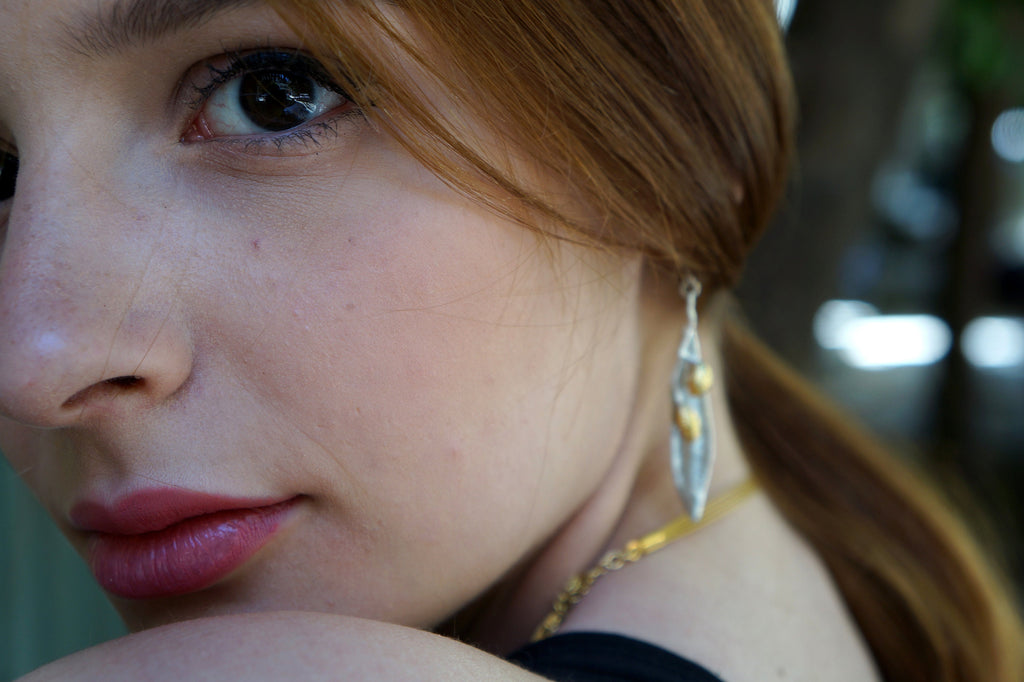 Sterling Silver Olive Earrings – Long Dangle Botanical Earrings with Gold Olive Fruit Accents