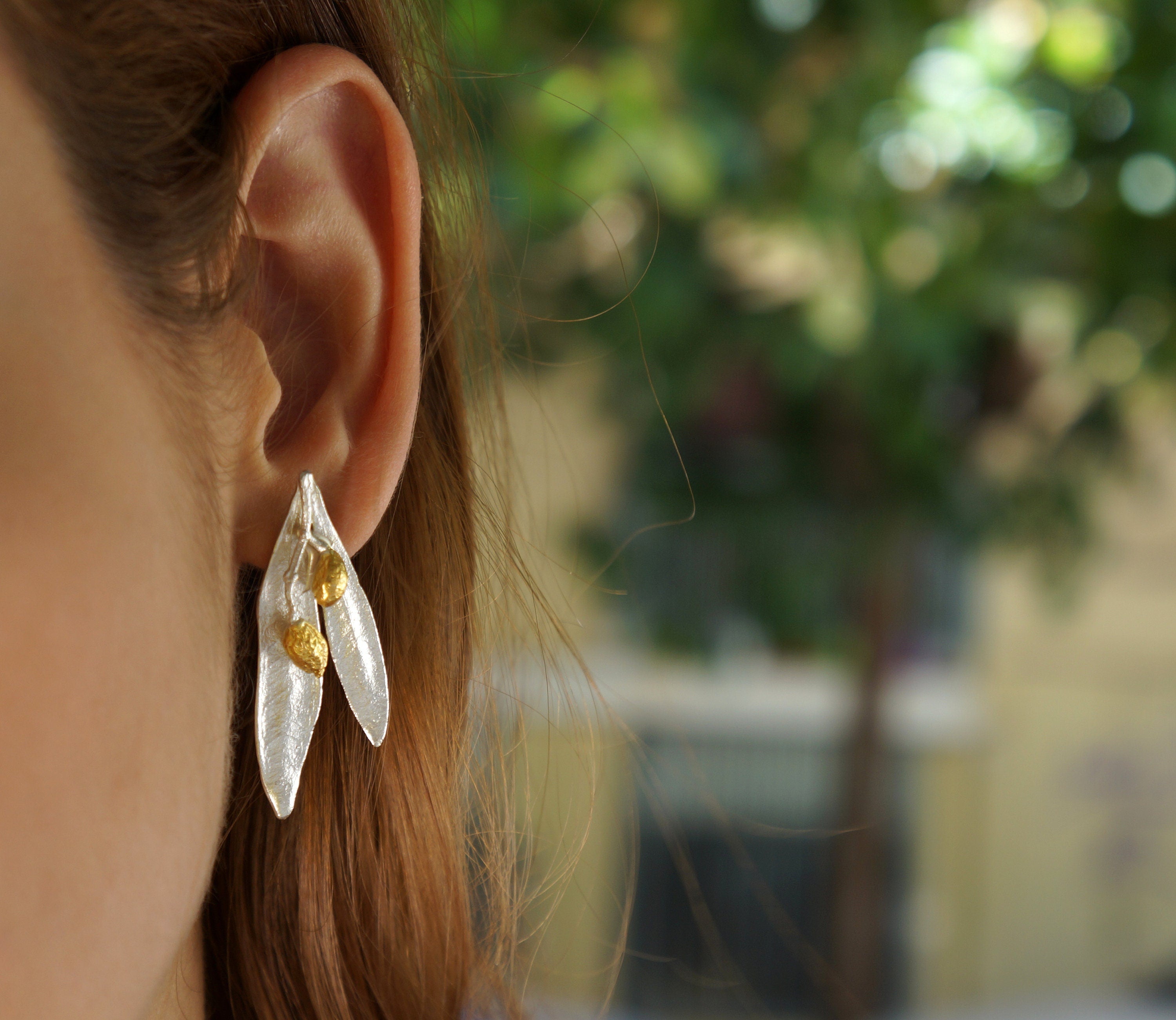Sterling Silver Olive Earrings – Handmade Nature Jewelry | Olive Leaf Dangle Studs