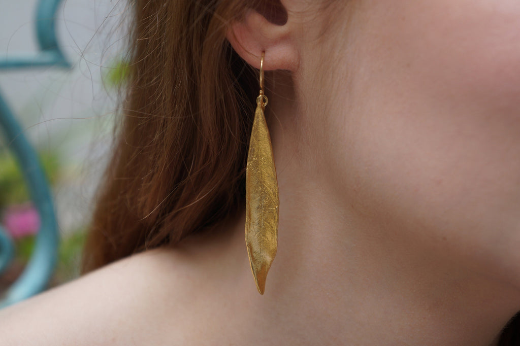 Gold Olive Leaf Earrings - Handmade Sterling Silver 925 Long Dangle Jewelry Gift For Mom