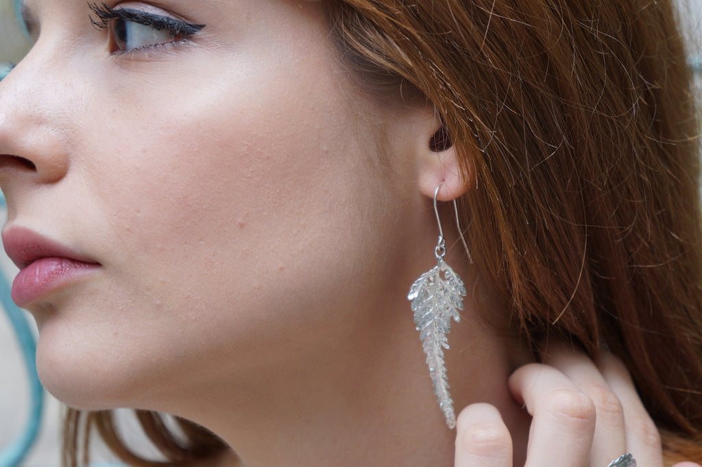 Fern Leaf Earrings in Long Sterling Silver, Nature-Inspired Boho Jewelry for Women
