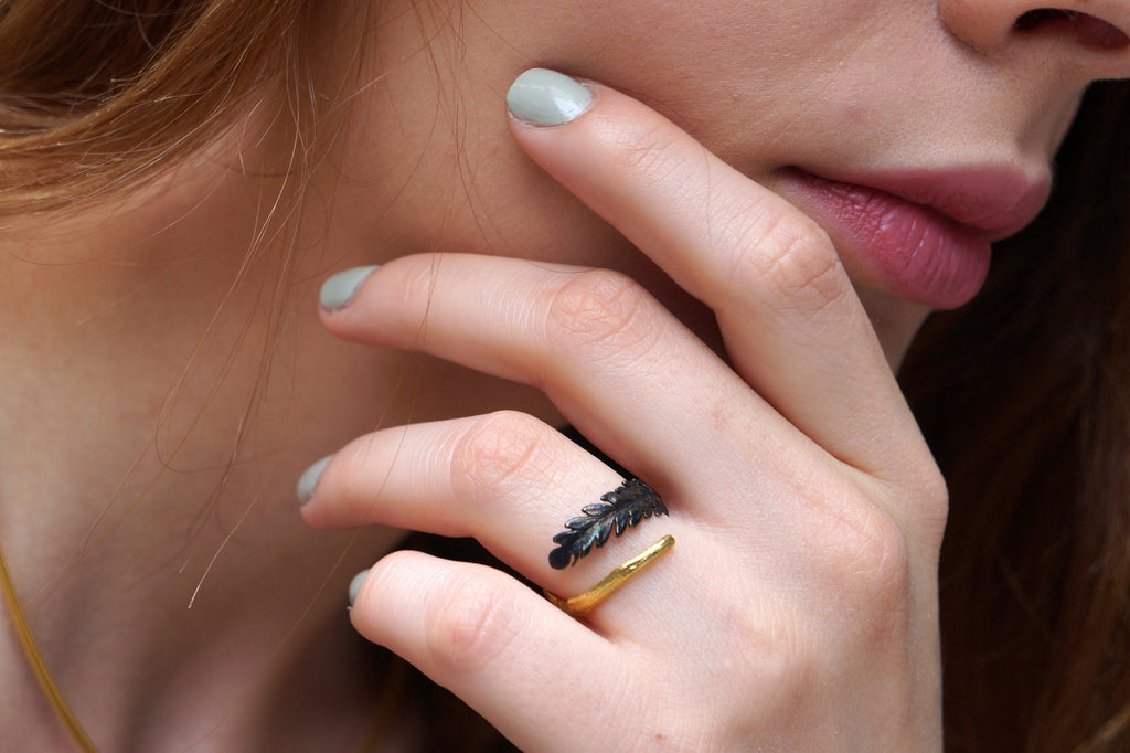 Nature Inspired Sterling Silver Fern Ring (Adjustable, Two-Tone)