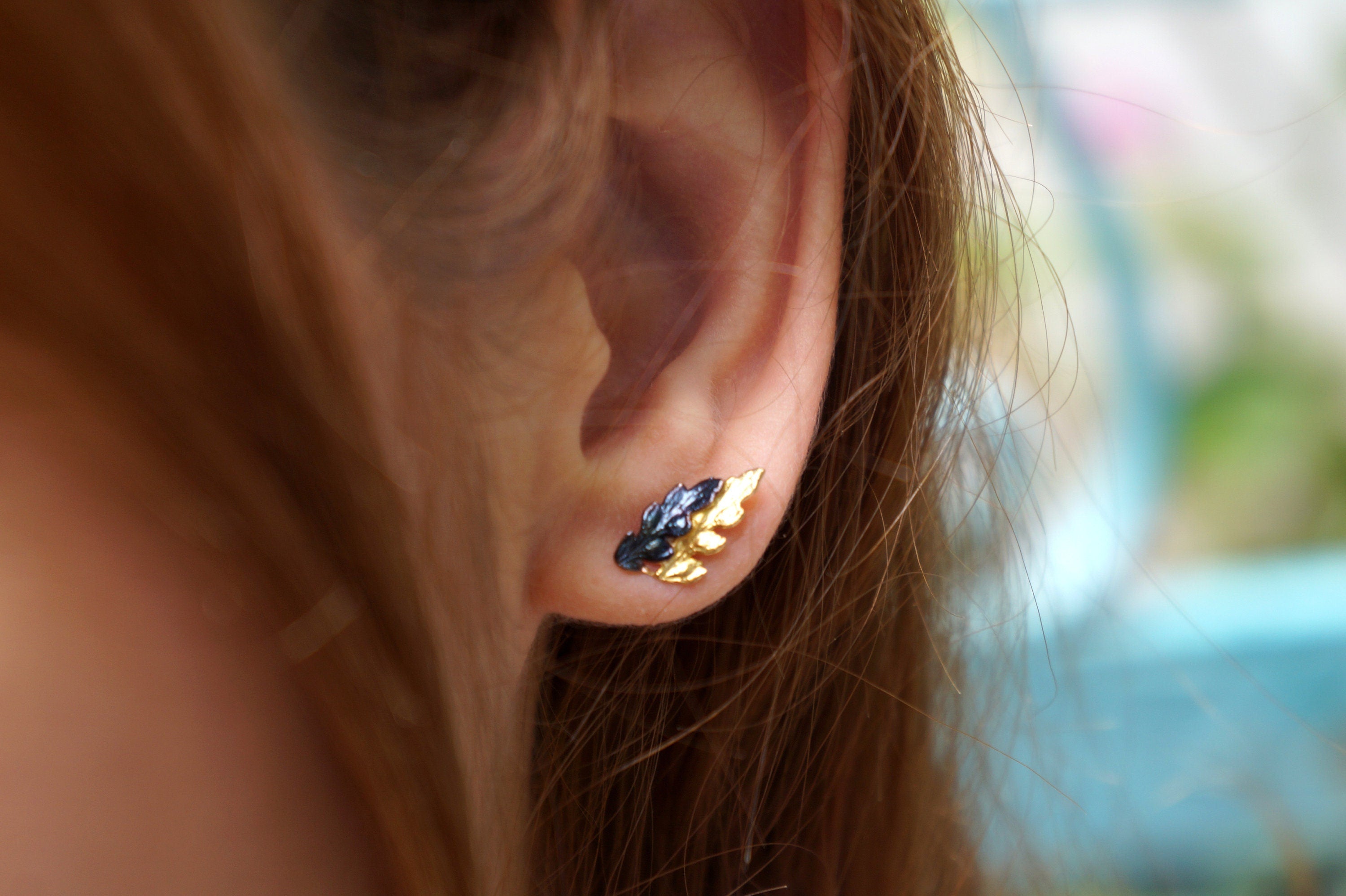 Fern Leaf Earrings: Nature Inspired Two Tone Studs (Silver and Gold)