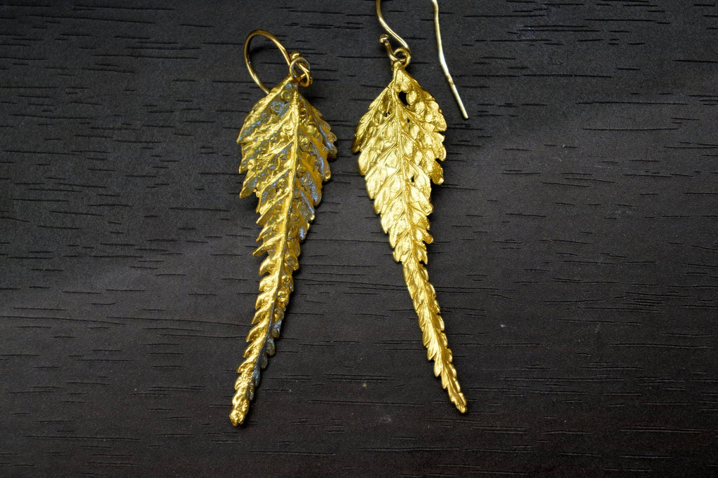 Fern Leaf Earrings – Handmade 14K Gold Plated Sterling Silver Long Drop Earrings