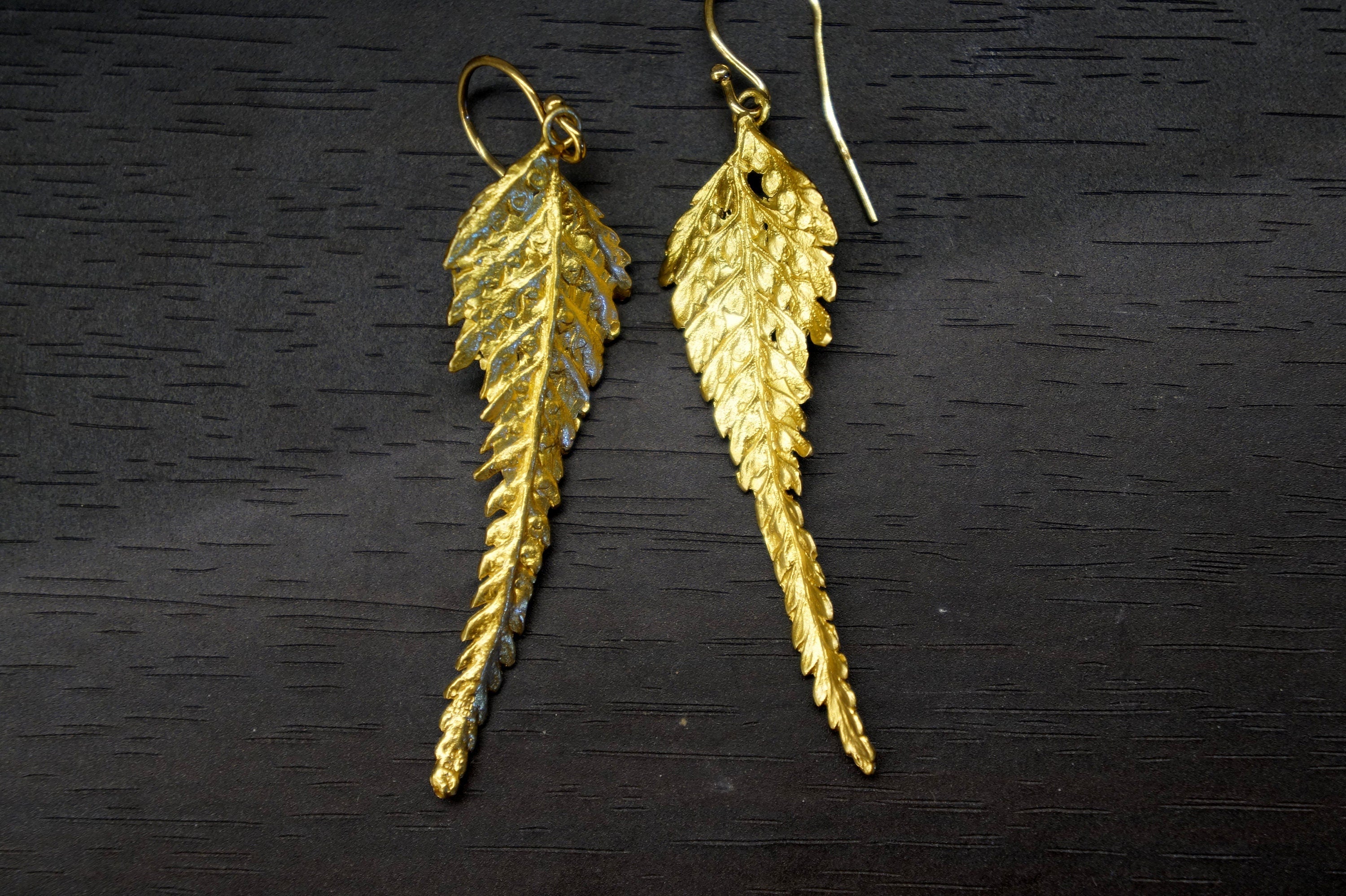 Fern Leaf Earrings – Handmade 14K Gold Plated Sterling Silver Long Drop Earrings