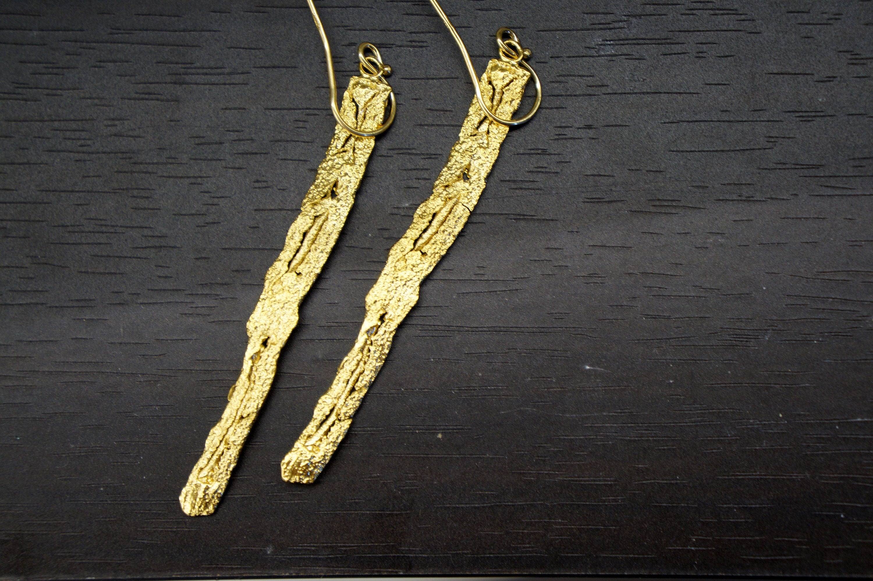 Tree Bark Earrings – Gold Plated Long Dangle Sterling Silver Jewelry