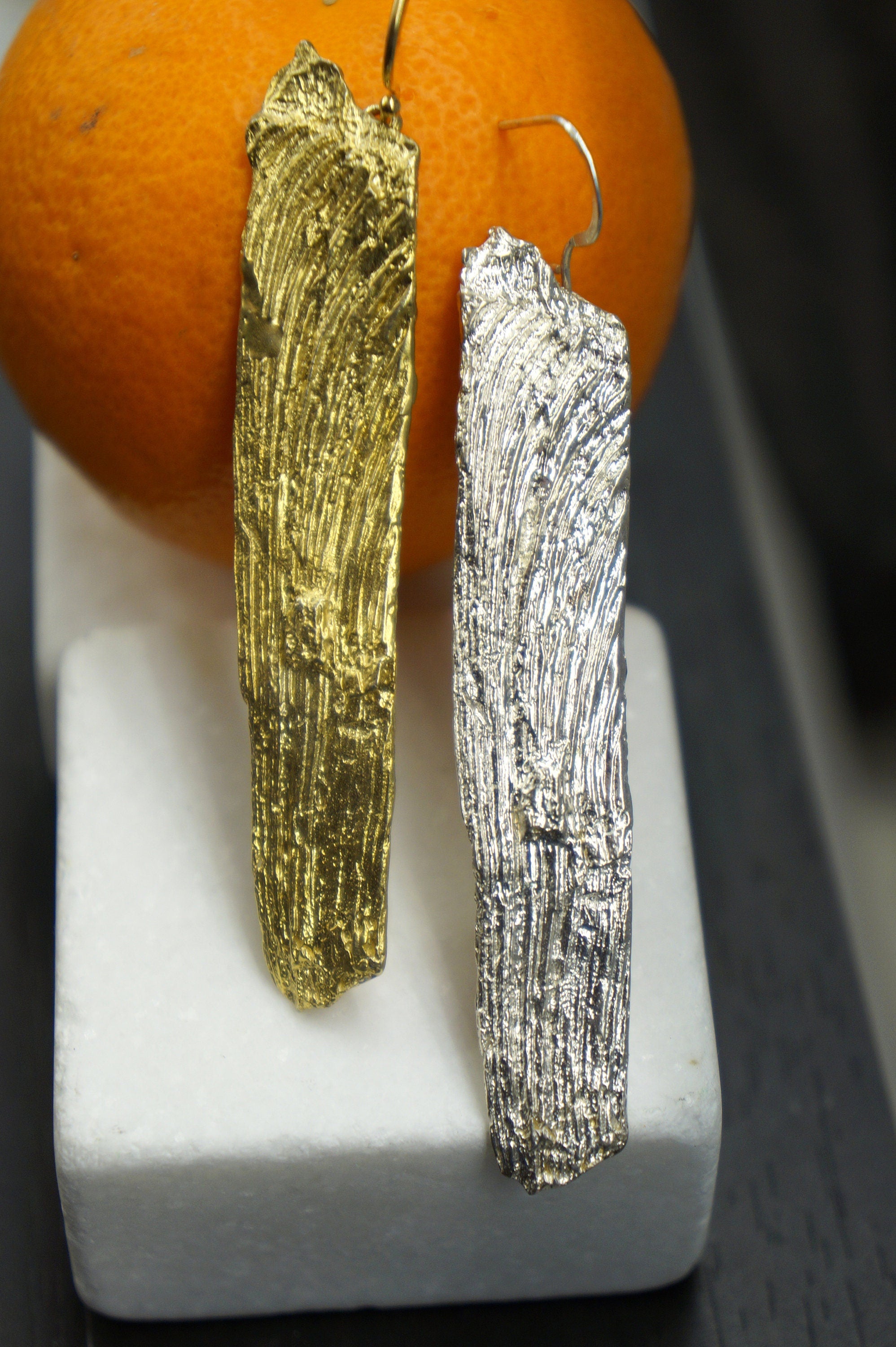 Mismatched Earrings – Long Dangle Sterling Silver & 14k Gold Plated Tree Bark Jewelry