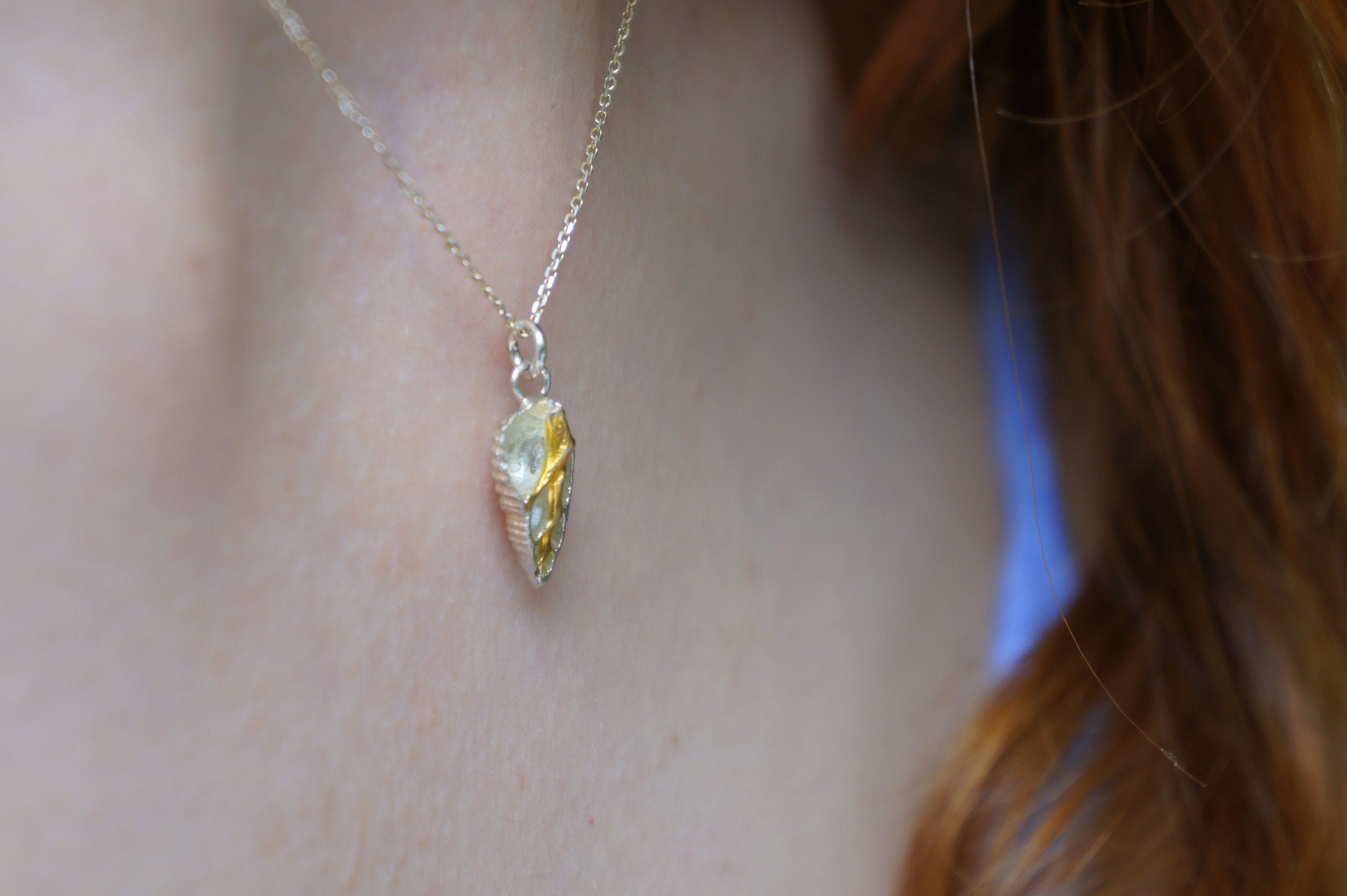 Sea Shell Necklace - Sterling Silver Pendant With Heart Shape & Delicate Vein Detail