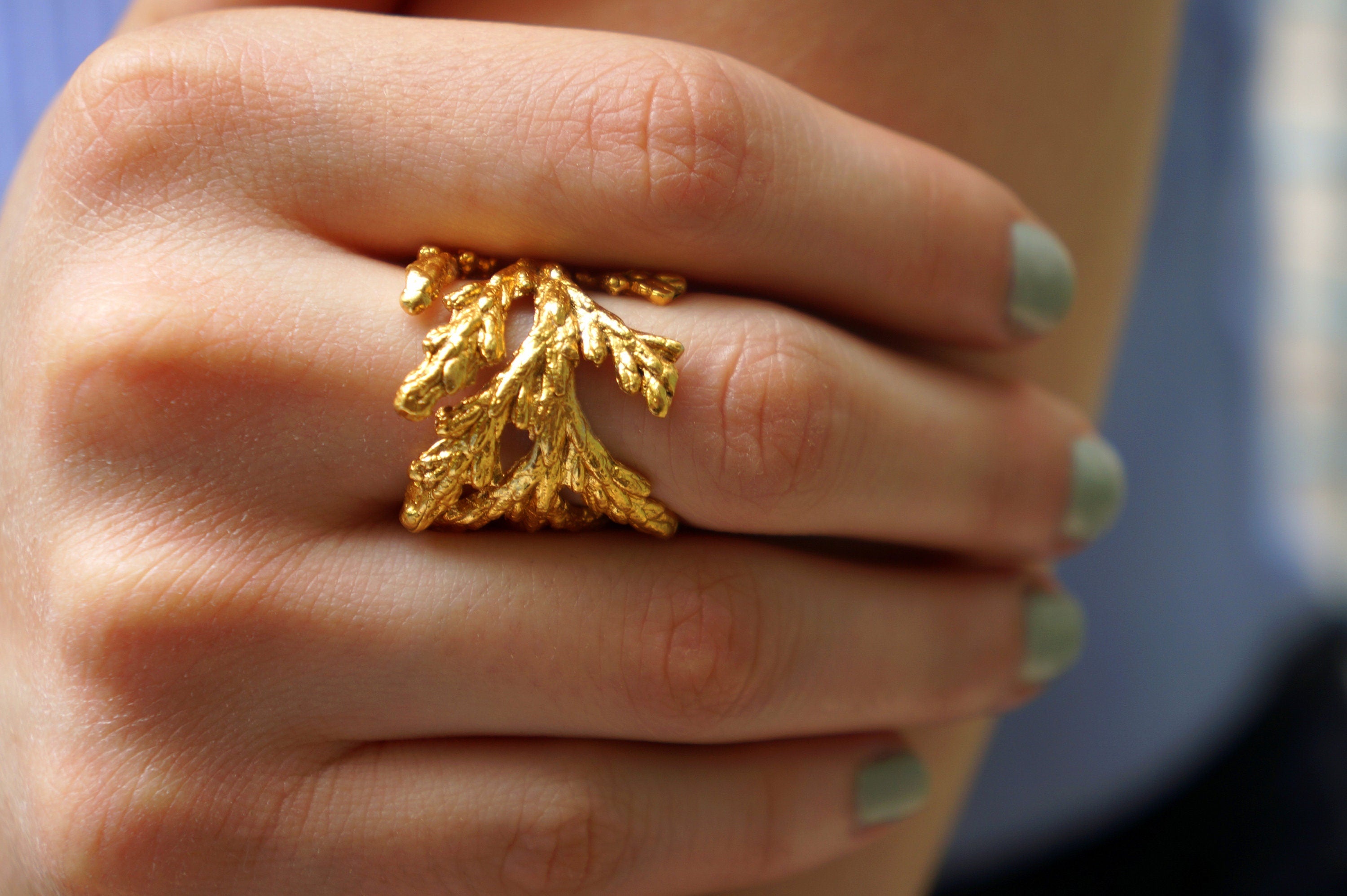 Cypress Leaf Ring – Nature Inspired Wide Band Gold Plated Silver Jewelry