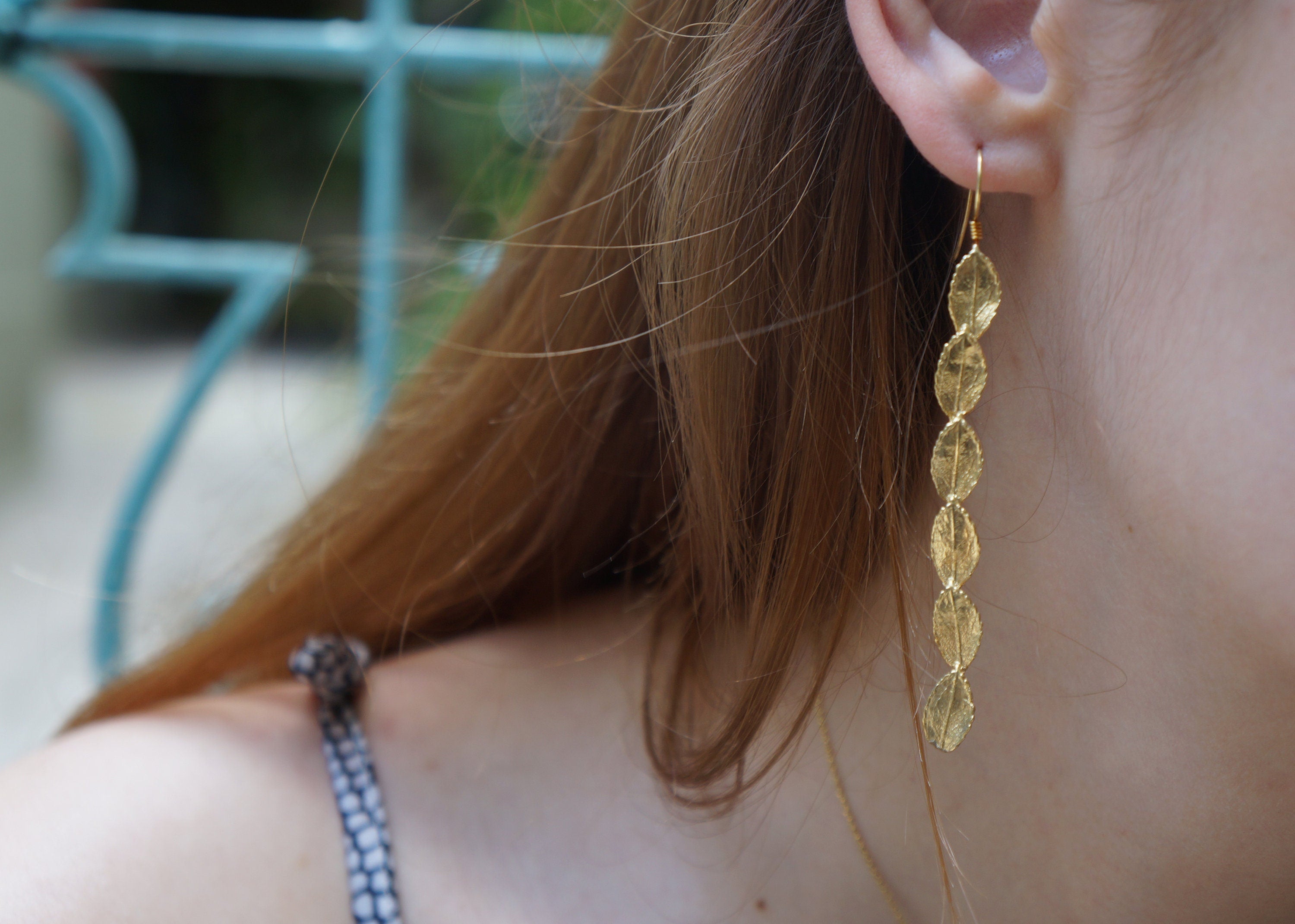 Rose Leaf Dangle Earrings, Gold Plated (Lightweight, Handmade)