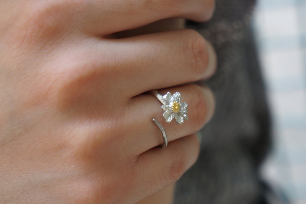 A close-up of a person's hand wearing a silver ring with a small flower-shaped gemstone.
