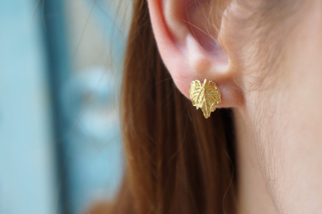 Solid Gold Leaf Earrings – Handmade Tiny Vine Studs | 9K, 14K & 18K Gold Jewelry