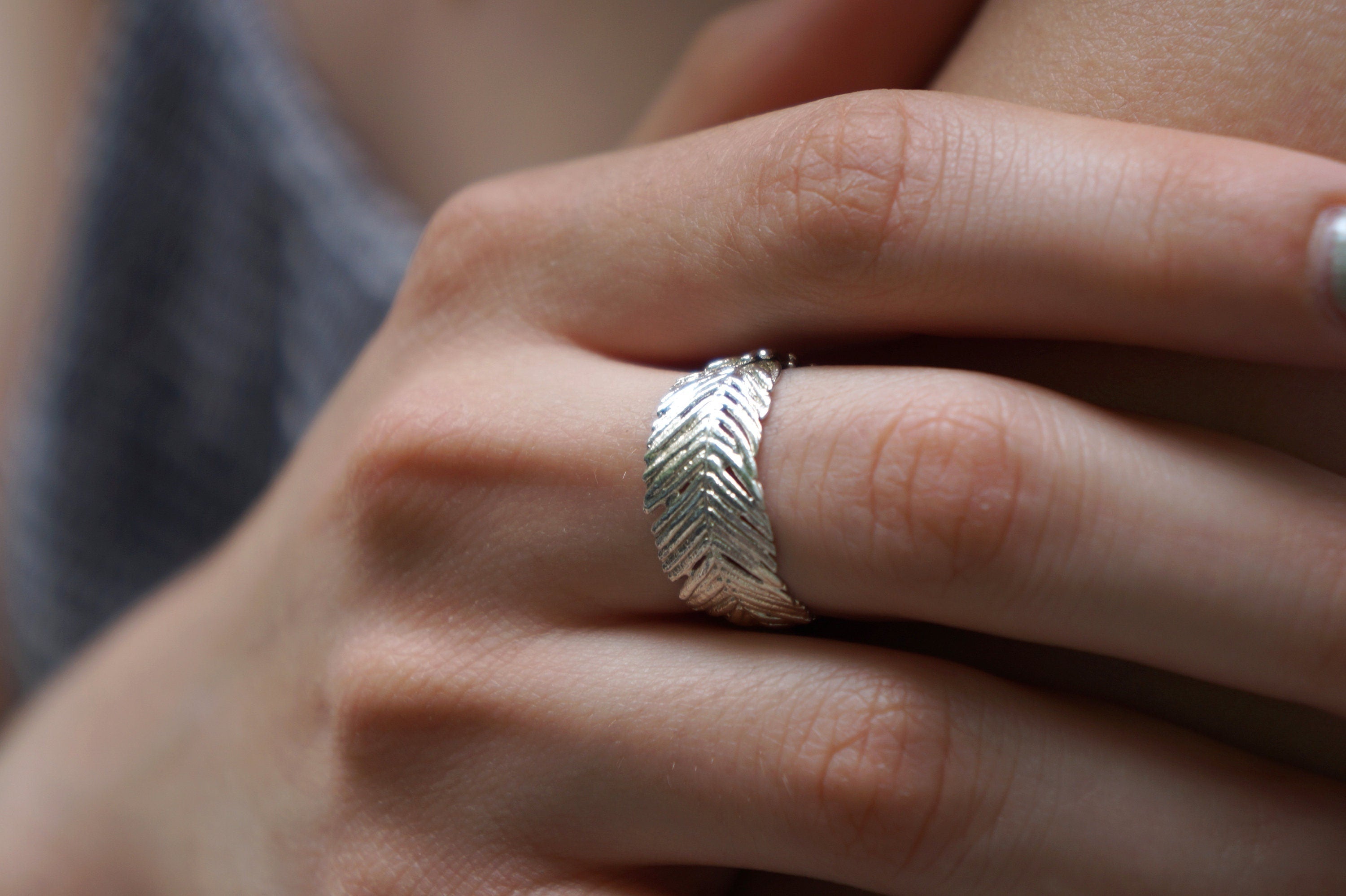 Wide Band Ring: Real Pressed Mimosa Leaf - Sterling Silver