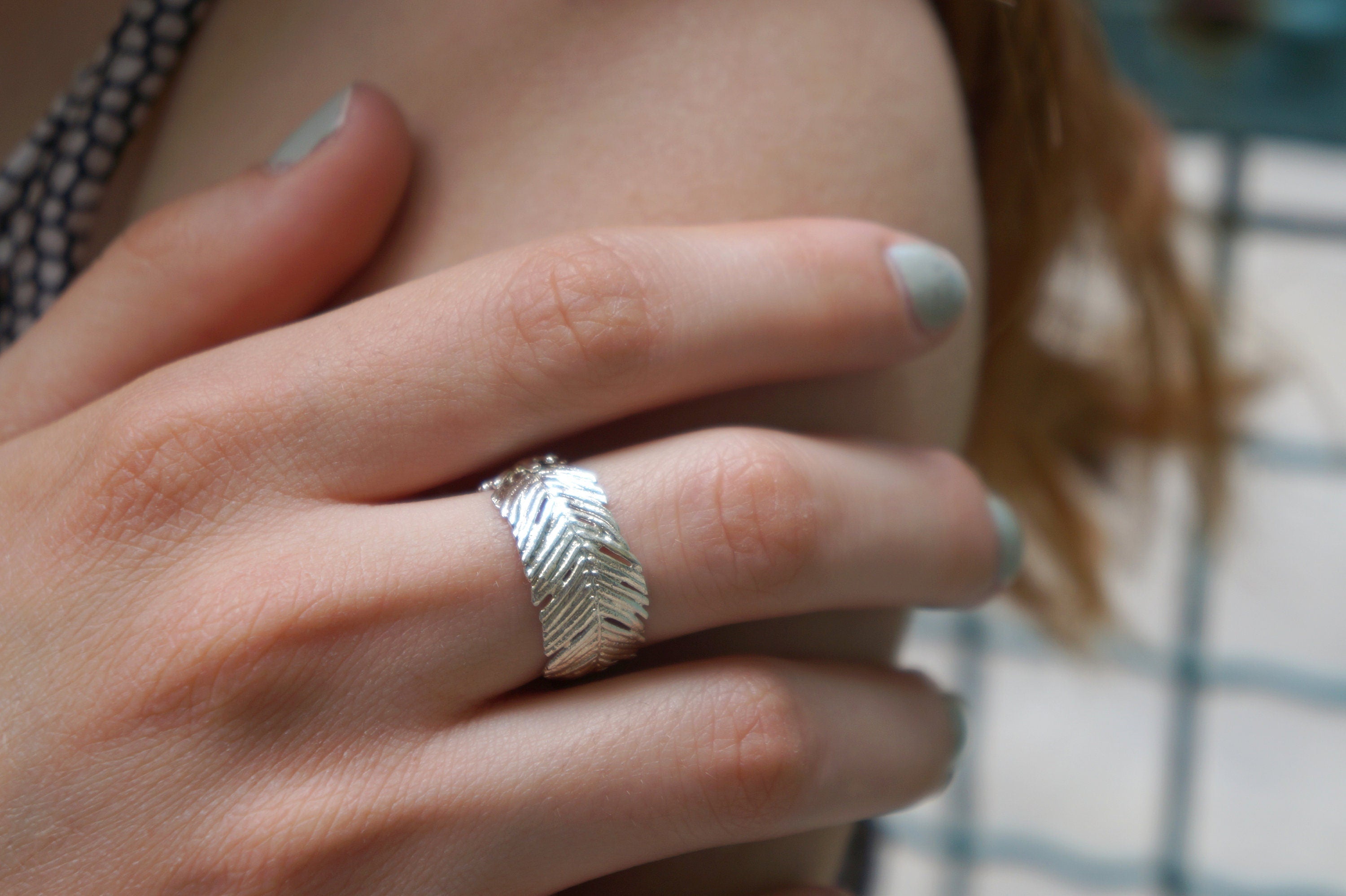 Wide Band Ring: Real Pressed Mimosa Leaf - Sterling Silver