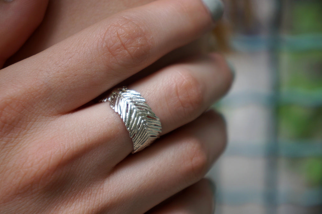 Wide Band Ring: Real Pressed Mimosa Leaf - Sterling Silver