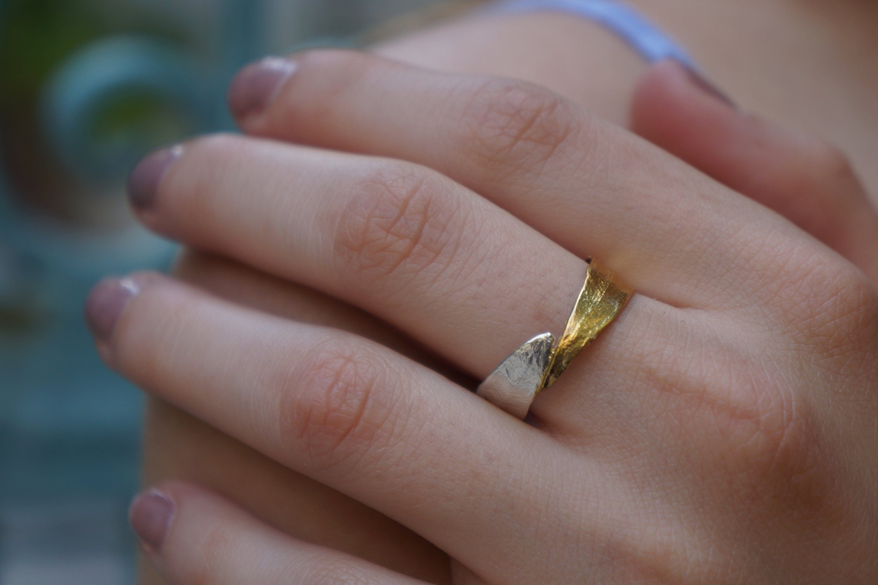 Olive Leaf Ring - Handmade Sterling Silver Two Tone 14k Gold Plated Band