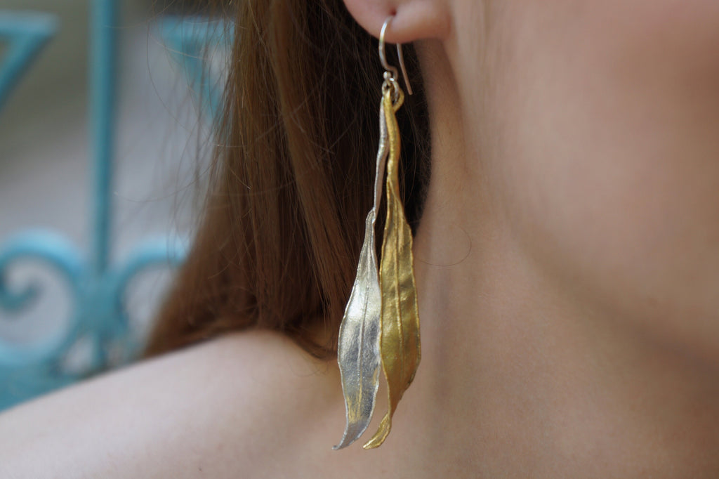 Real Olive Leaf Earrings – Long Dangle Two Tone Gold Plated Statement Jewelry