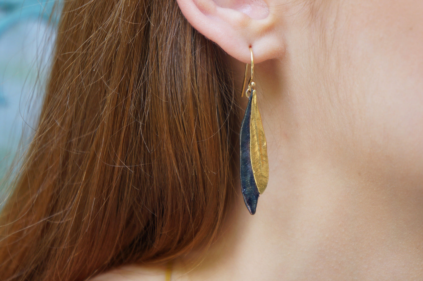Earrings REAL Olive Leaf Earrings for Women, 14 K Gold and Black Rhodium finish on sterling silver.  gift for her