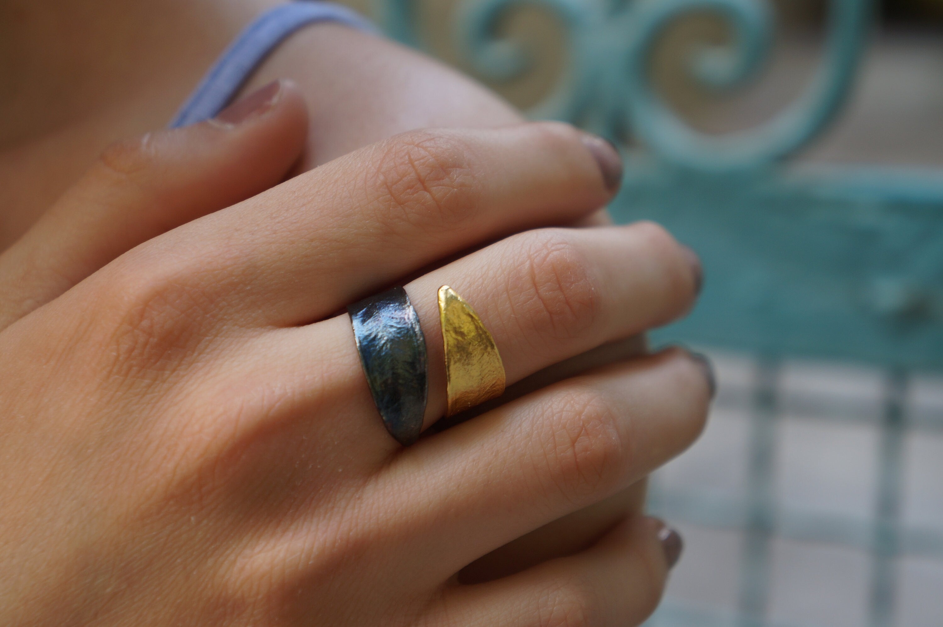 Olive Leaves Ring Two Tone | Sterling Silver 925 Wide Band Artisan Jewelry