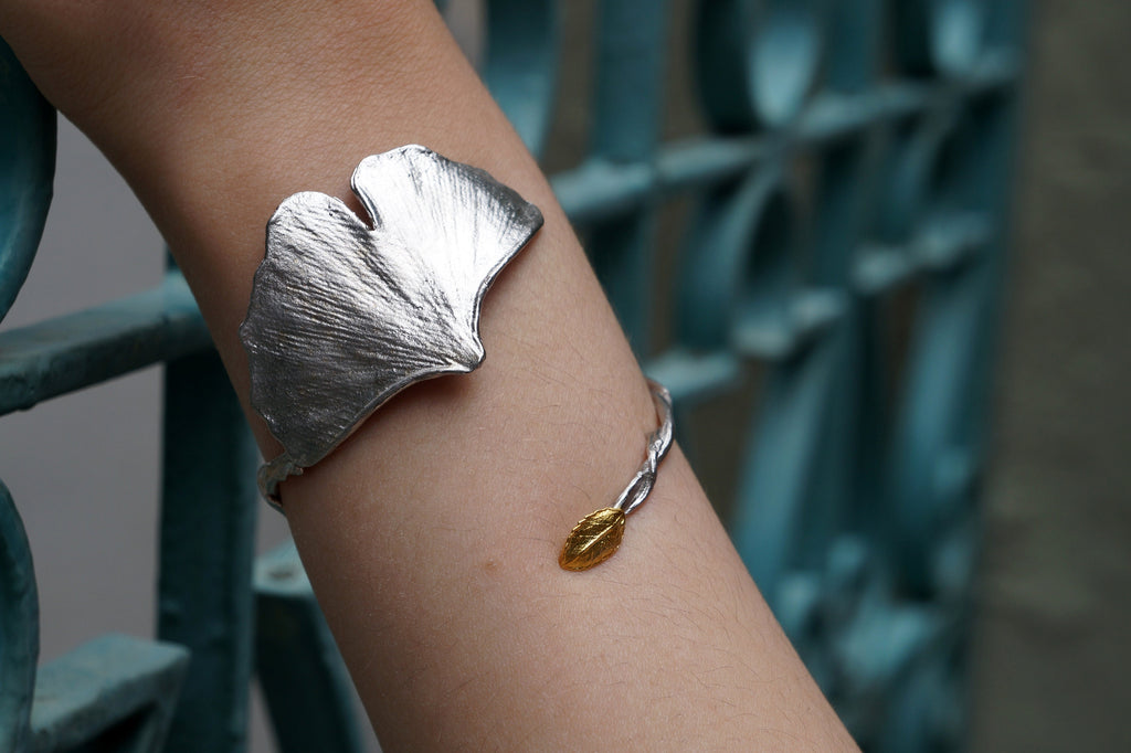 Ginkgo Biloba Bracelet – Adjustable Sterling Silver Cuff With Rose Leaf Detail