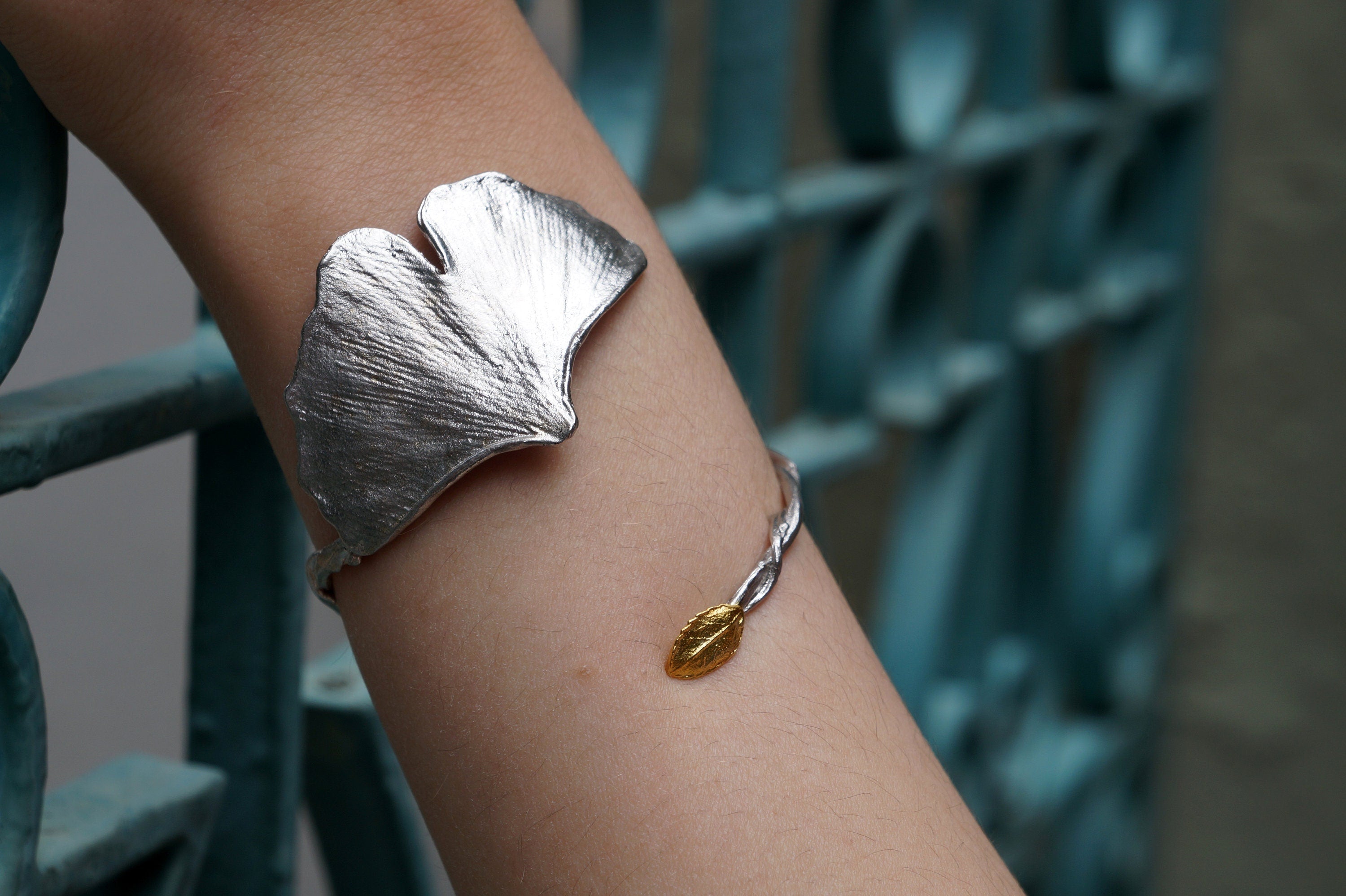 Ginkgo Biloba Bracelet – Adjustable Sterling Silver Cuff With Rose Leaf Detail