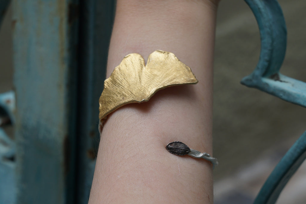 Ginkgo Biloba Bracelet – Adjustable Sterling Silver Cuff With Rose Leaf Detail