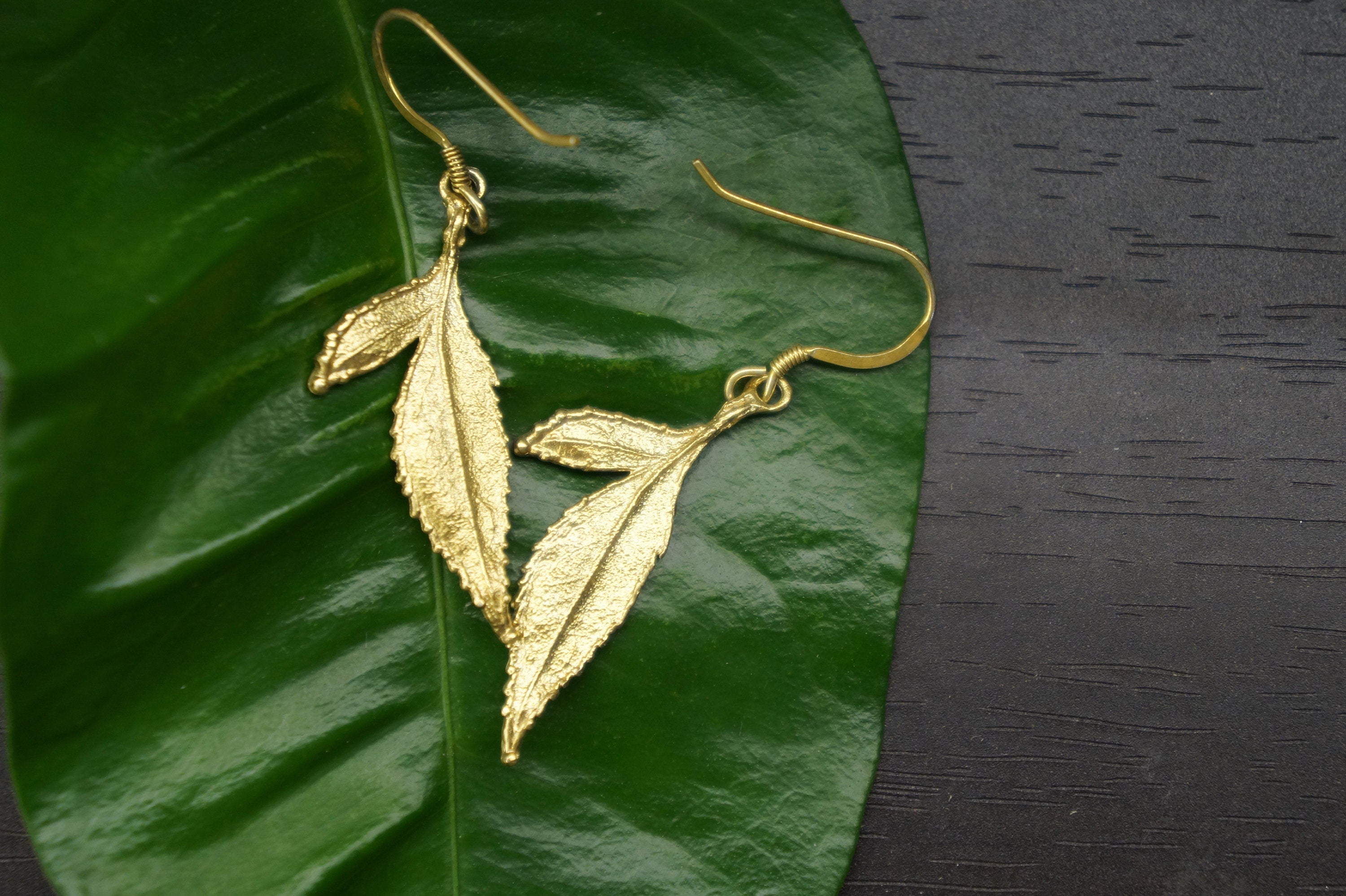 Solid Gold Earrings – Rose Leaf Botanical Dangle With Gold Ear Wire Closures