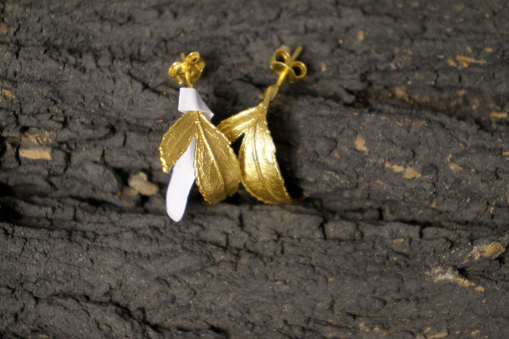 Hoop Earrings: Real Rose Leaves - Gold Plated Sterling Silver