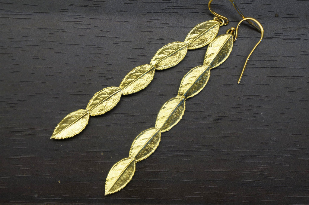 Rose Leaf Earrings – Long Dangly Sterling Silver Floral Statement Jewelry