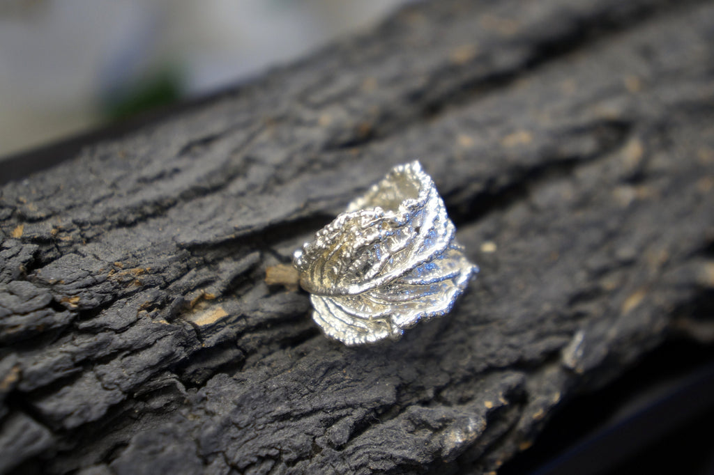 Silver Leaf Ring - Sterling Silver Wide Band Ring with Flower Detail
