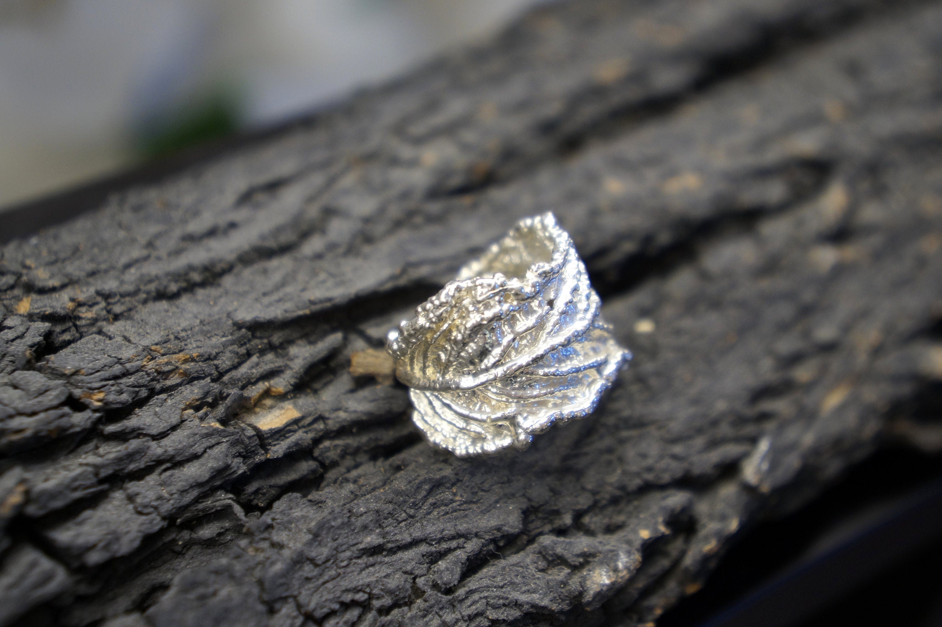 Silver Leaf Ring - Sterling Silver Wide Band Ring with Flower Detail
