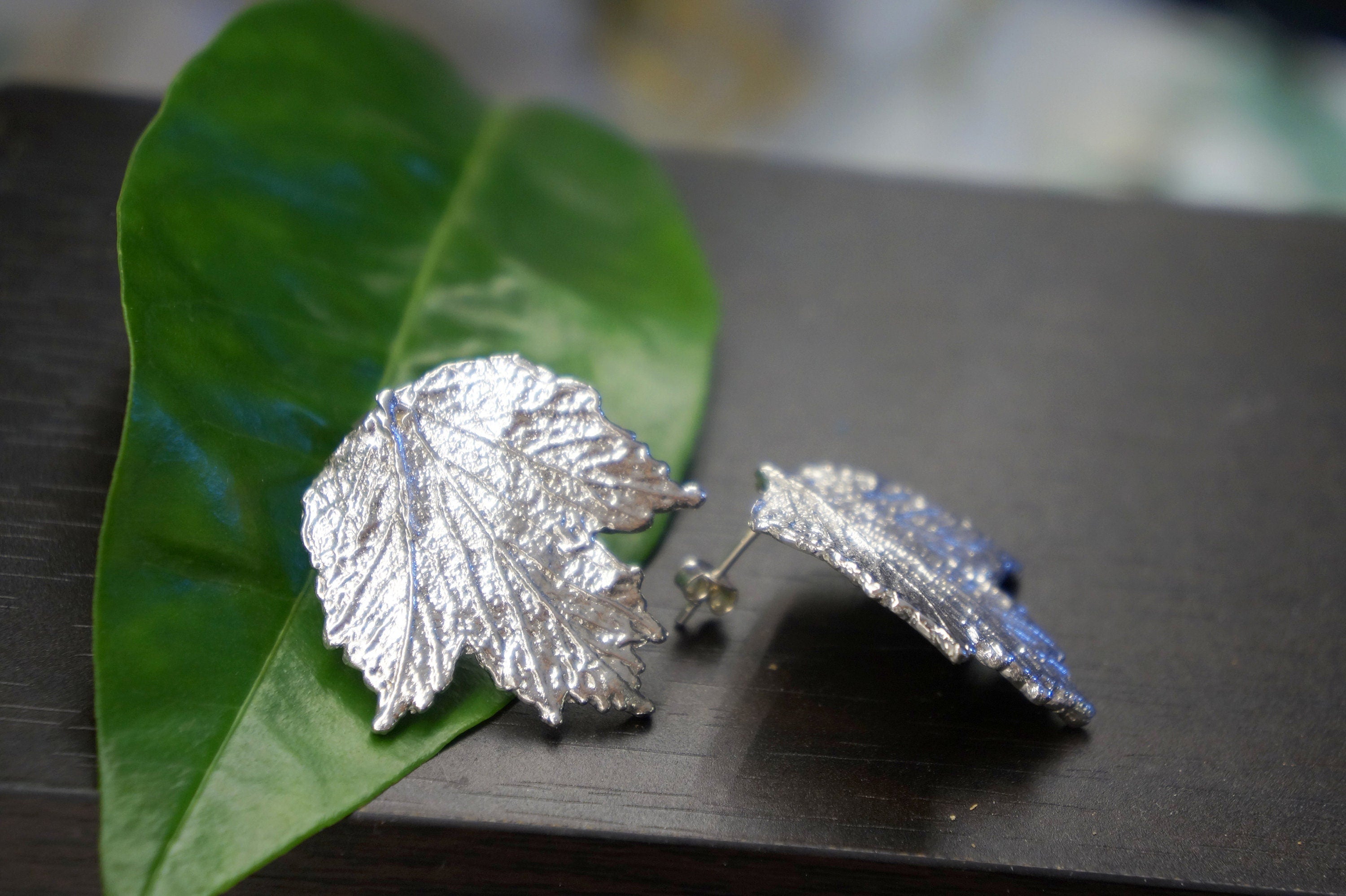 Nature-Inspired Leaf Earrings, Bourbon Rose (Sterling Silver Studs)
