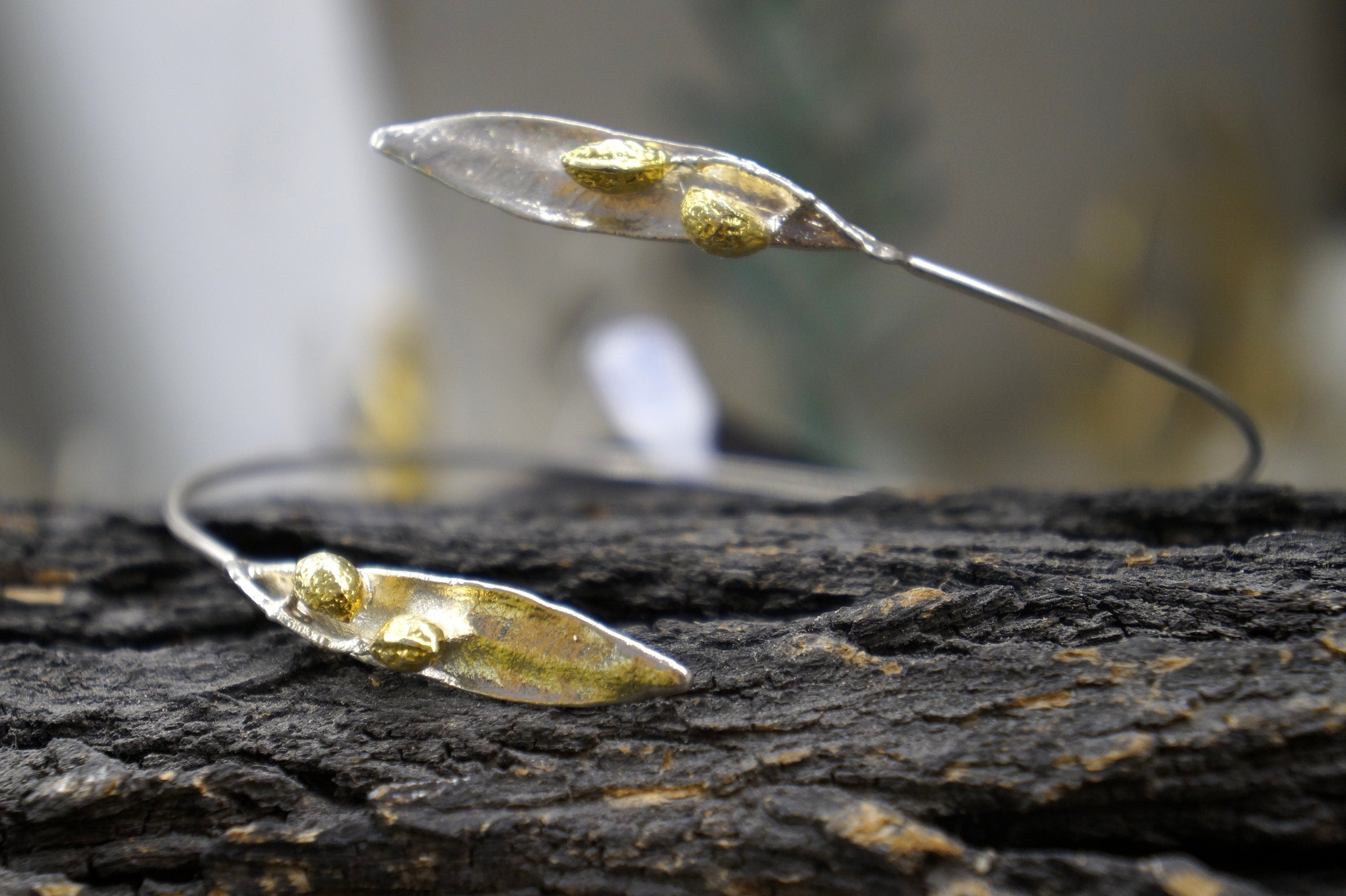 Sterling Silver Arm Cuff – Handmade Olive Branch Adjustable Bracelet With Gold Plated Accents