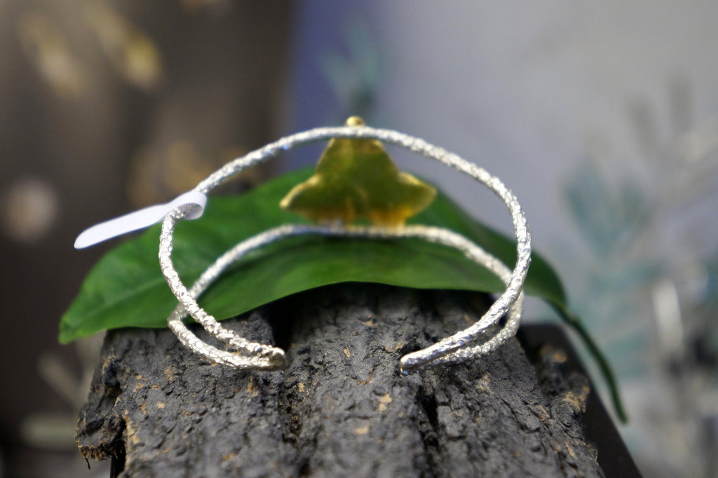Nature-Inspired Cuff Bracelet, Sterling Silver with Gold Ivy Leaf (Adjustable)