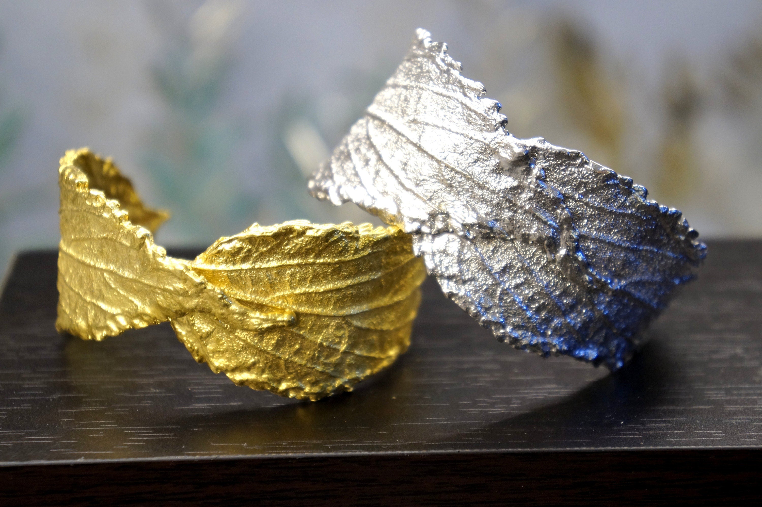 Open Cuff Bracelet: Hibiscus Leaf Design - Gold Plated Sterling Silver