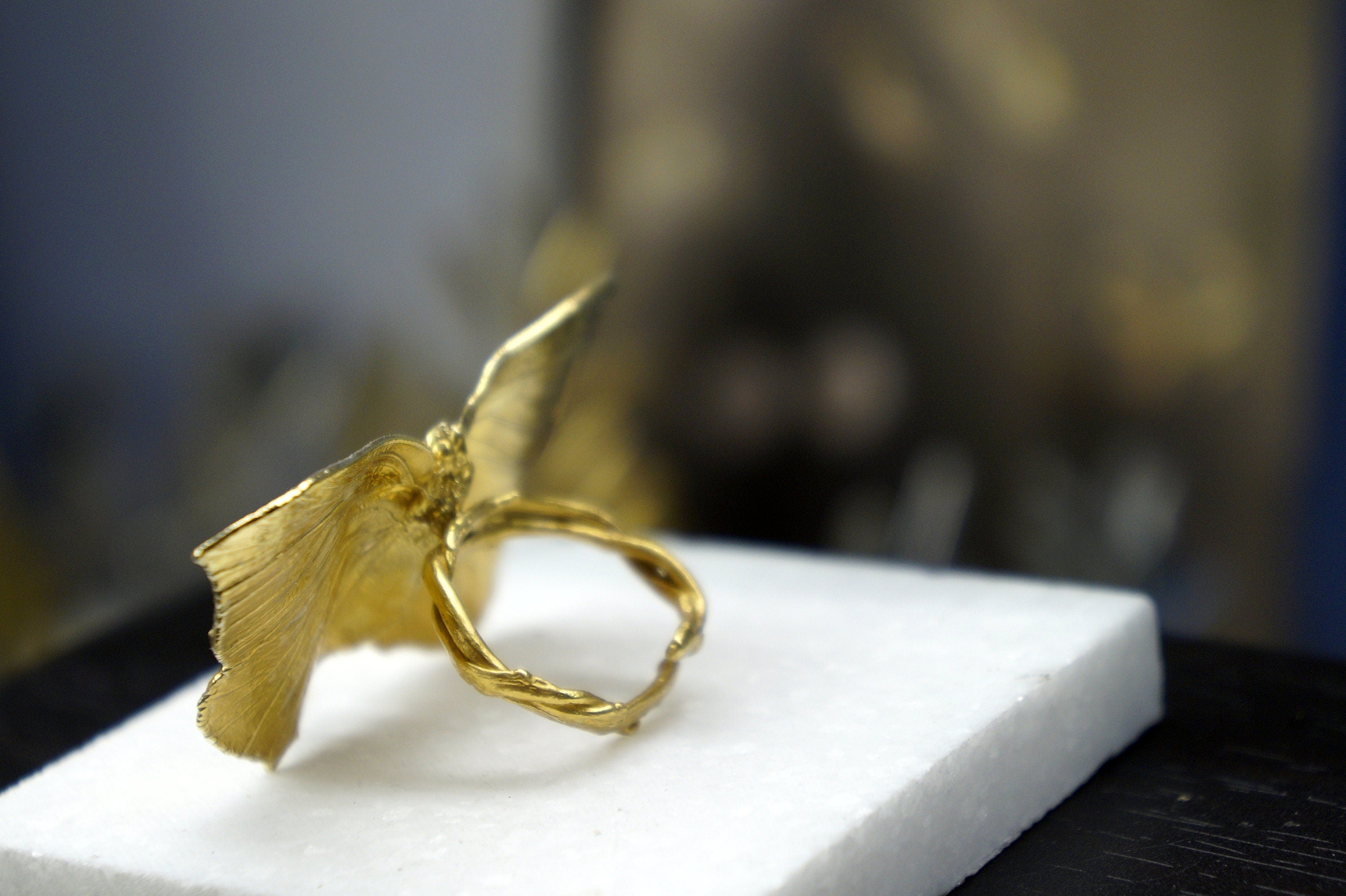 Real Butterfly Statement Ring - Radiant Gold plated on Brass Finish, Handmade